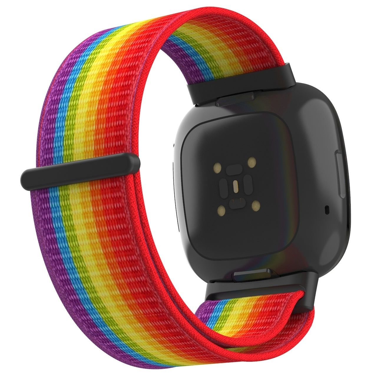 Eine schwarze Smartwatch mit einem Regenbogenfarbenen Armband. Das Armband ist geschlungen und zeigt ein volles Farbspektrum.