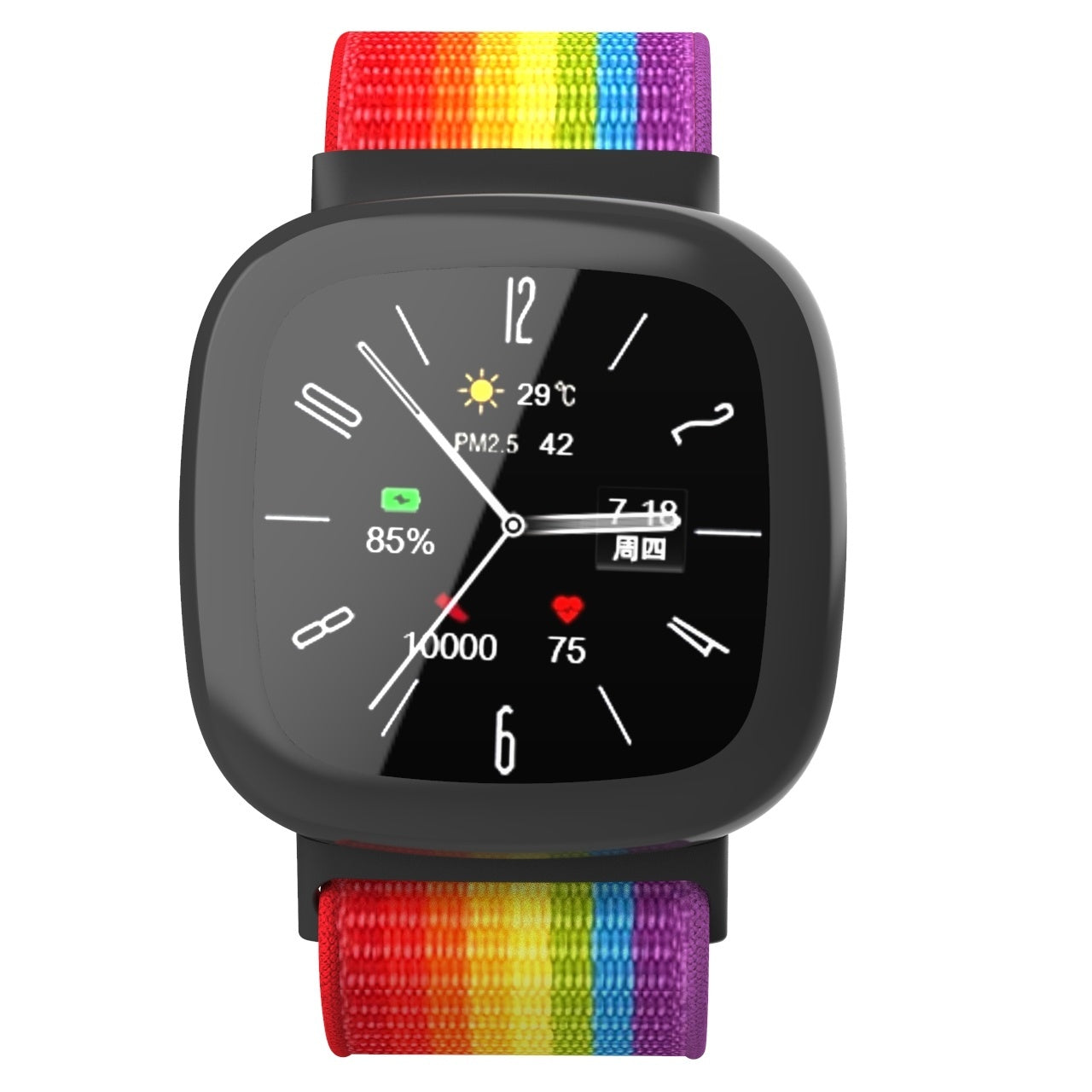 Eine schwarze Smartwatch mit Regenbogenarmband. Der Bildschirm zeigt Zeit, Temperatur, Akku, Schritte und Herzfrequenz.