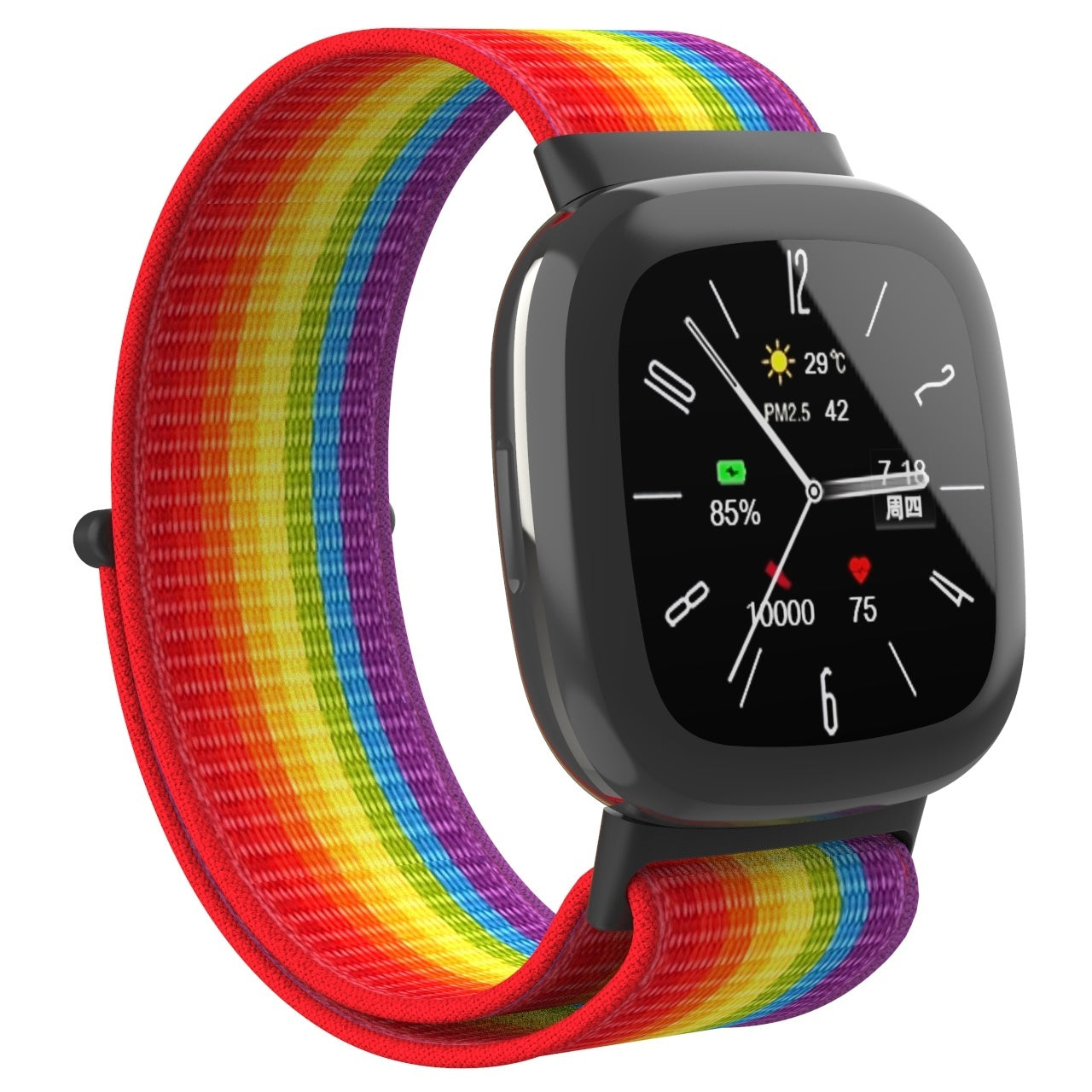 Eine Smartwatch mit Regenbogenarmband. Der schwarze Bildschirm zeigt Zeit, Temperatur und Gesundheitsdaten an.