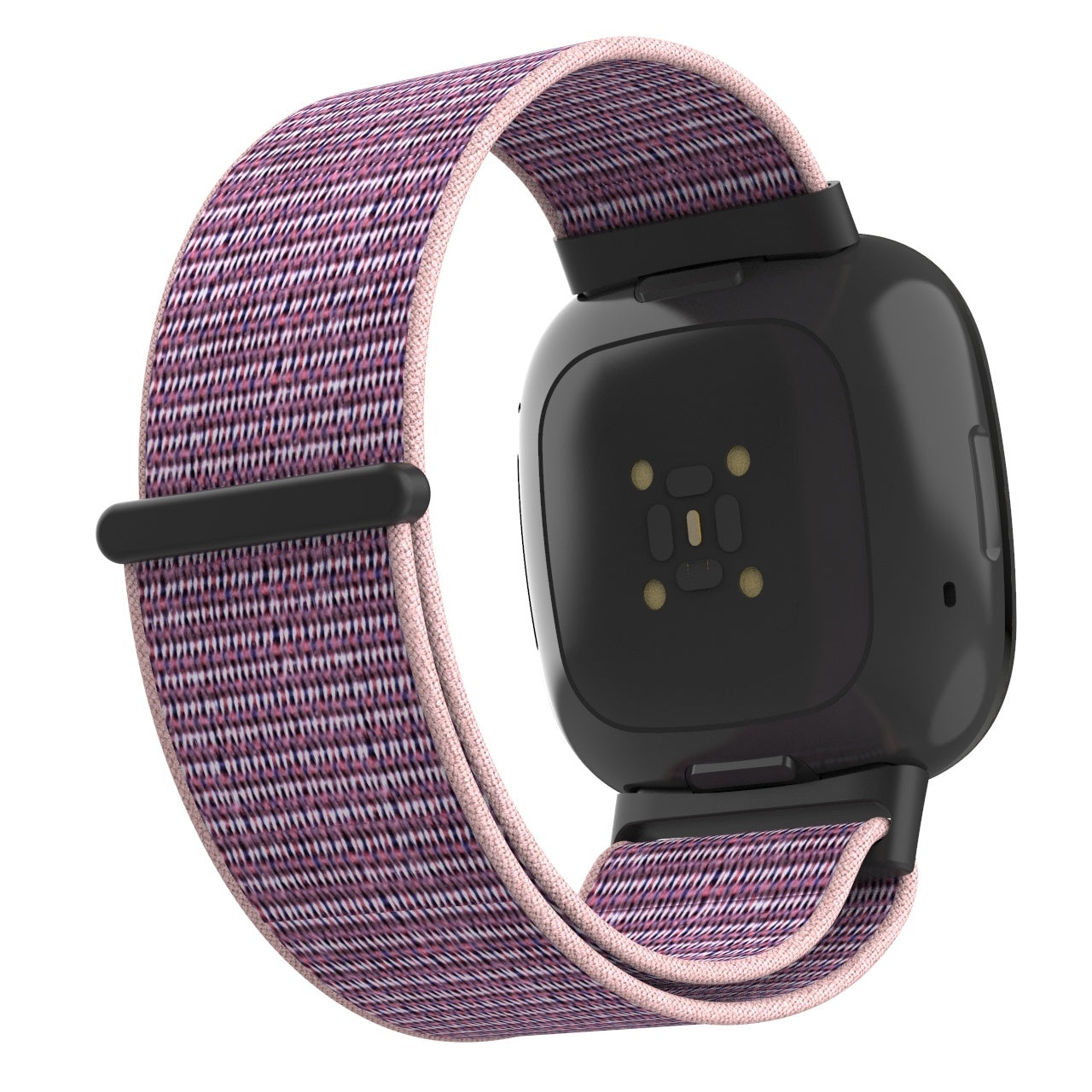 Schwarze Smartwatch mit lila-rosa Stoffarmband. Das Armband ist um die Uhr geschlungen und zeigt die Rückseite mit Sensoren.