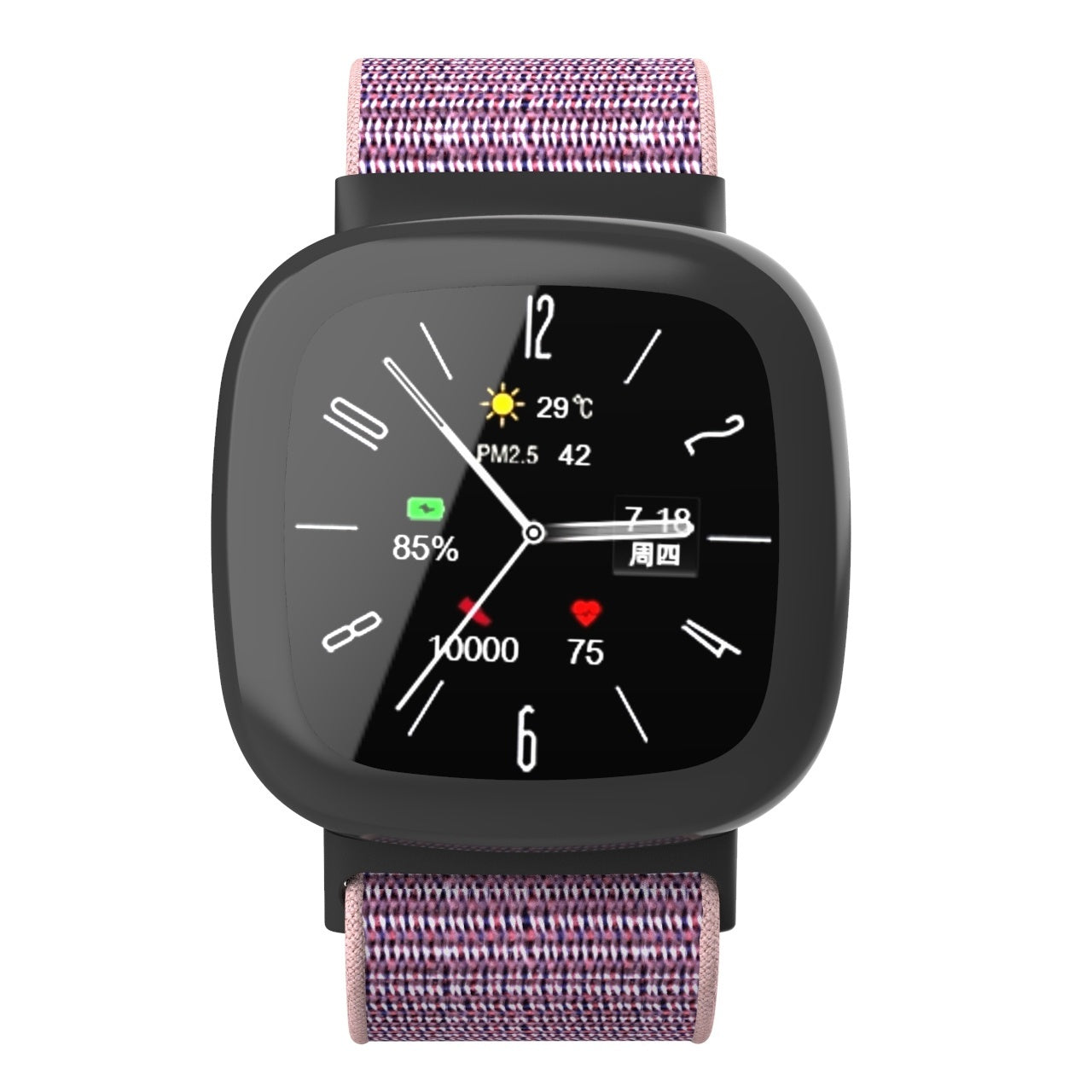 Eine schwarze Smartwatch mit pink-lila Stoffband zeigt Zeit, Wetter (29°C), PM2.5 (42), Akku (85%) und Schrittzahl (10000).