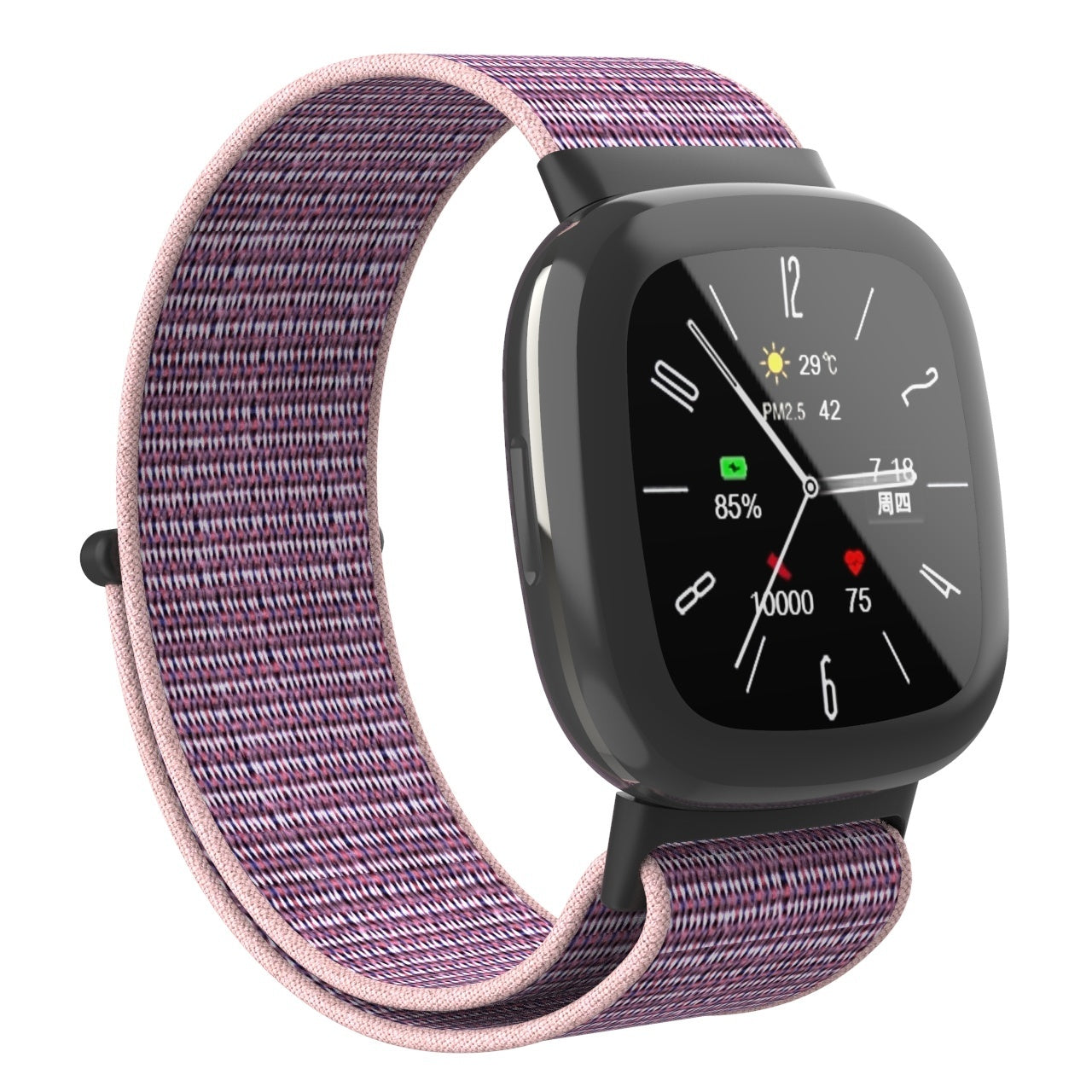 Eine schwarze Smartwatch mit pink-lila Stoffband zeigt Zeit, Temperatur, Akkulaufzeit und Schritte an.