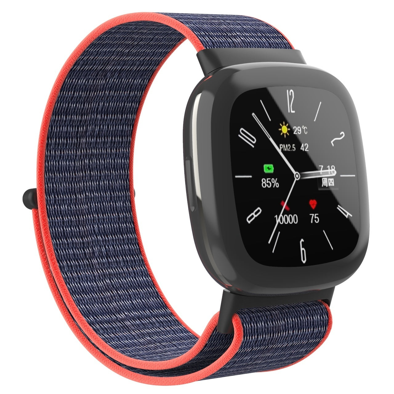Eine schwarze Smartwatch mit blau-rotem Armband, die Zeit, Akku und andere Gesundheitsmetriken anzeigt.