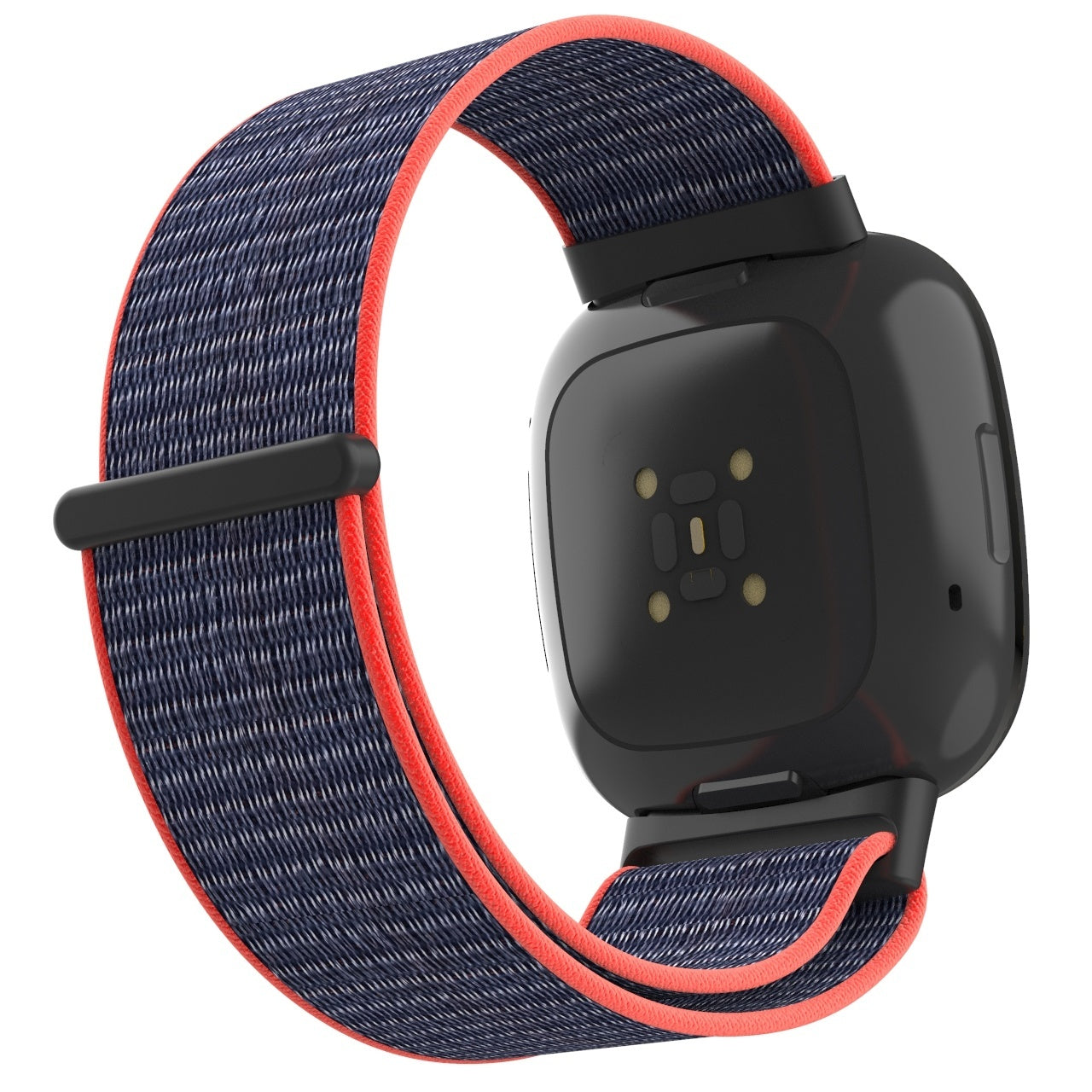 Schwarze Smartwatch mit blau-rotem Armband. Die Uhr hat ein schwarzes Gehäuse mit Sensoren auf der Rückseite. Das Armband ist gebogen.