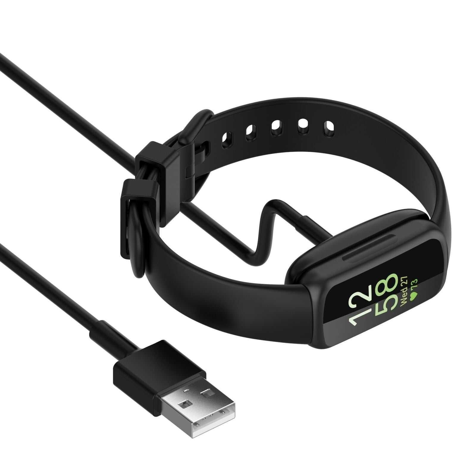 Schwarzer Fitnesstracker mit Ladegerät. Bildschirm zeigt Uhrzeit und Datum. USB-Anschluss am Kabelende.