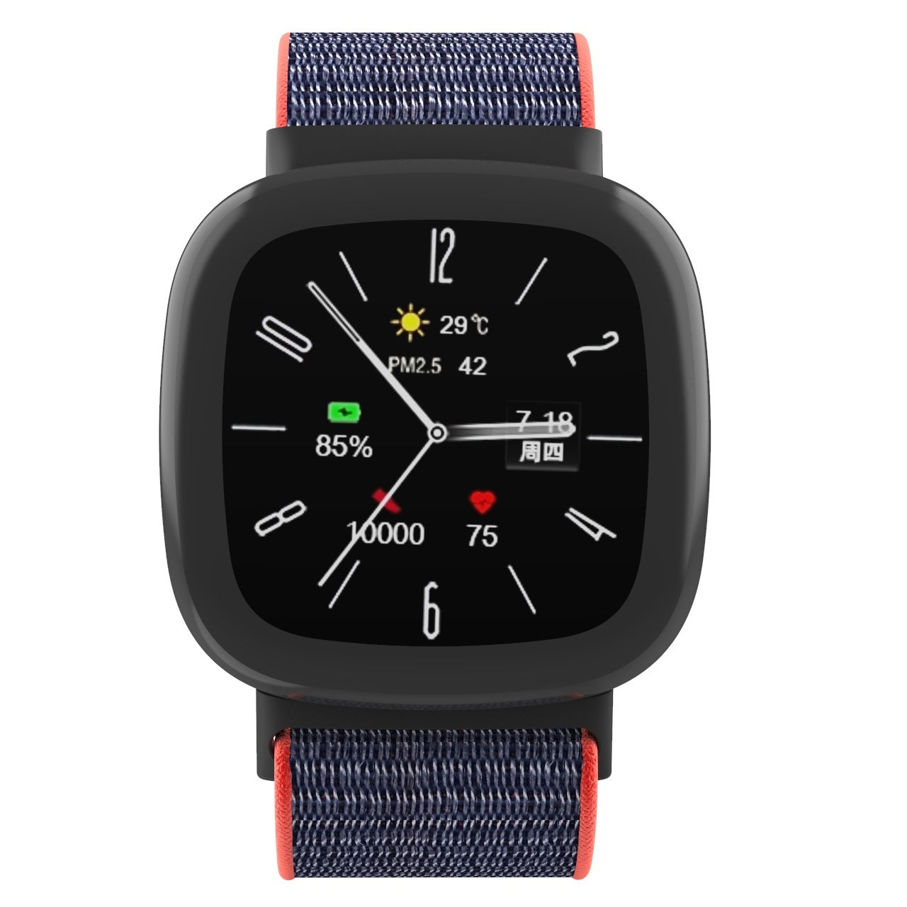 Eine schwarze Smartwatch zeigt Zeit, Temperatur, Akku und Aktivitätsdaten an. Sie hat ein blau-rotes Stoffarmband.