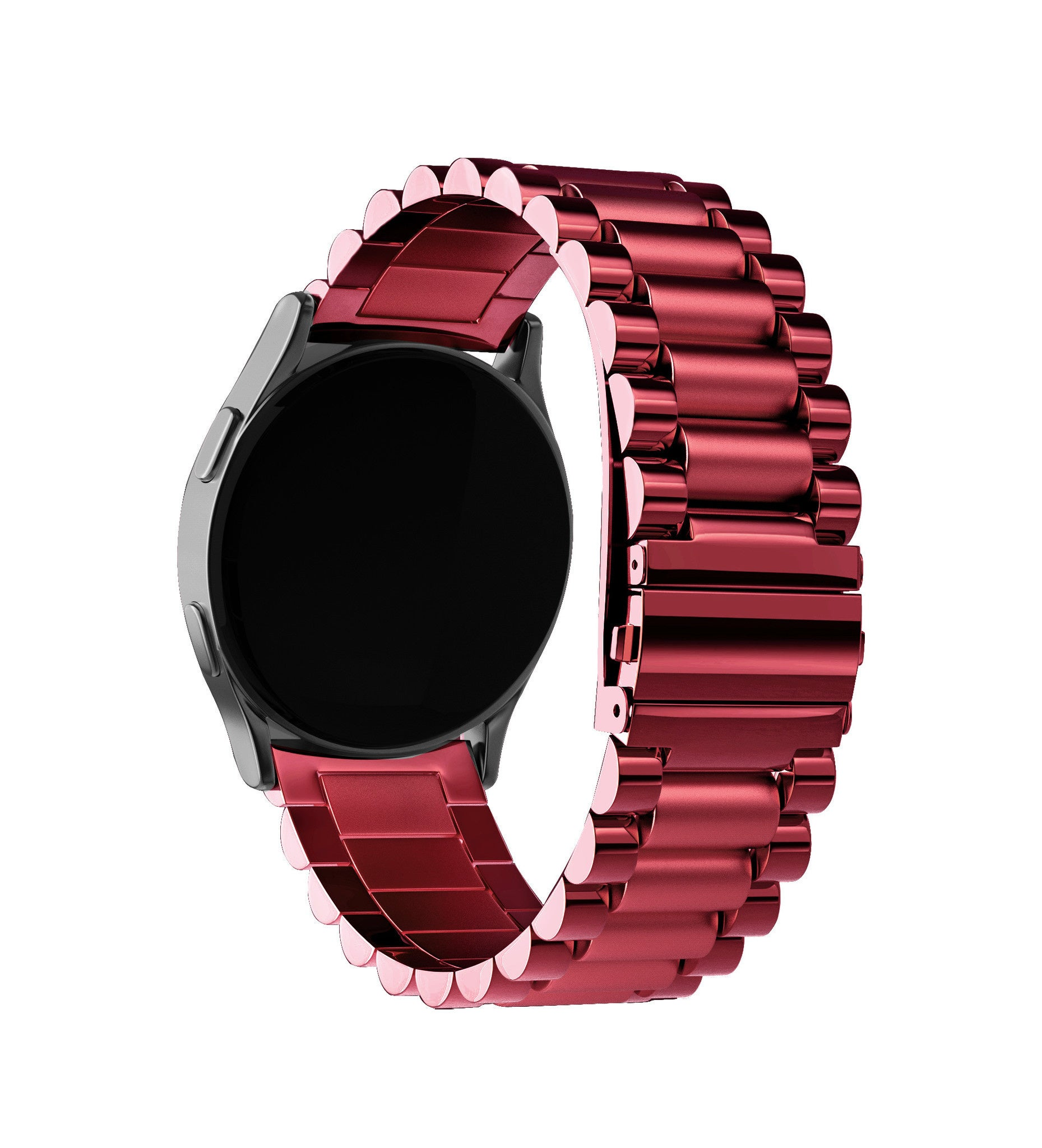 Eine silberne Smartwatch mit schwarzem Bildschirm und rotem Metallarmband wird vor weißem Hintergrund gezeigt.