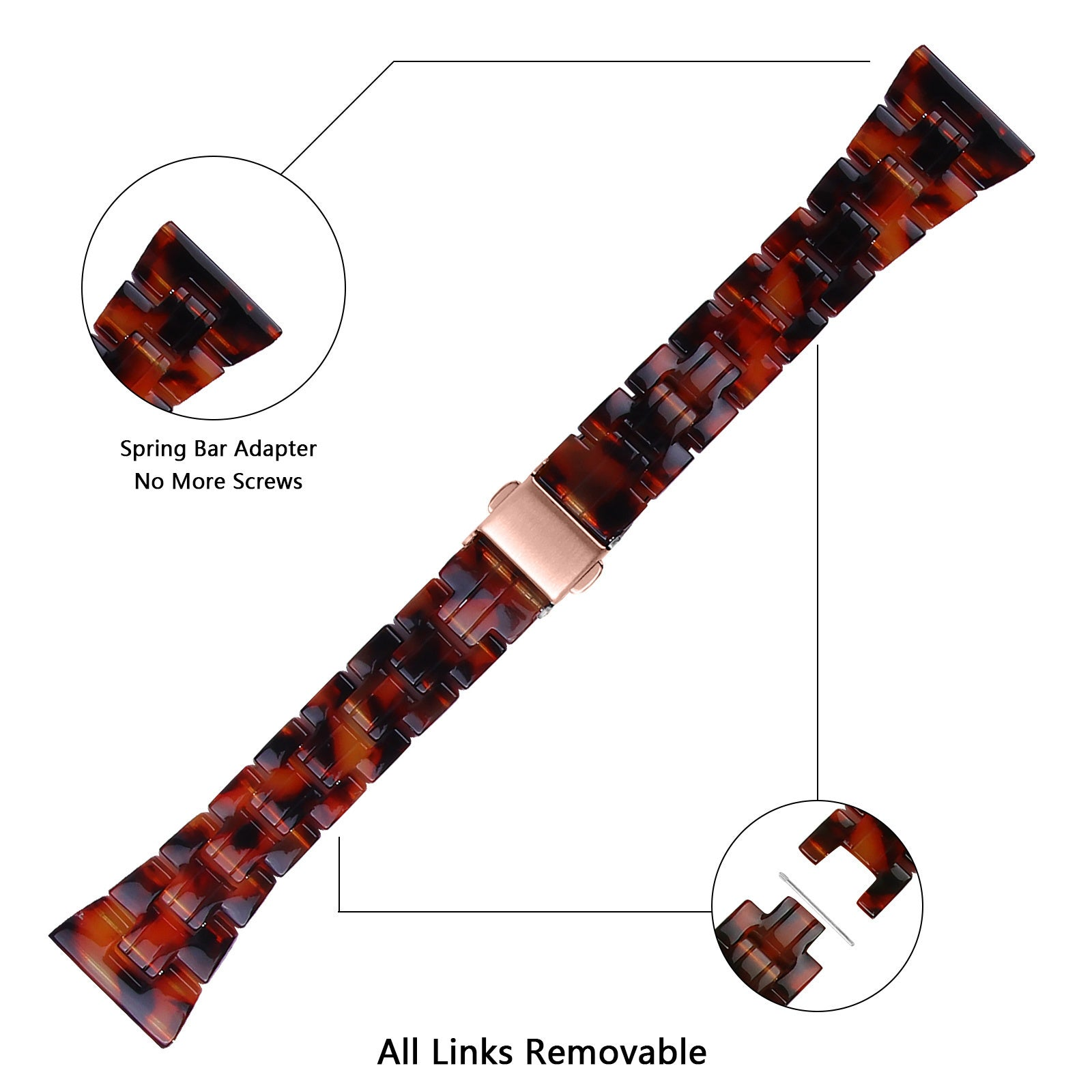 Ein Armband in Schildpattmuster. Es hat einen roségoldenen Verschluss. Text: Federstegadapter, keine Schrauben mehr und alle Glieder entfernbar.