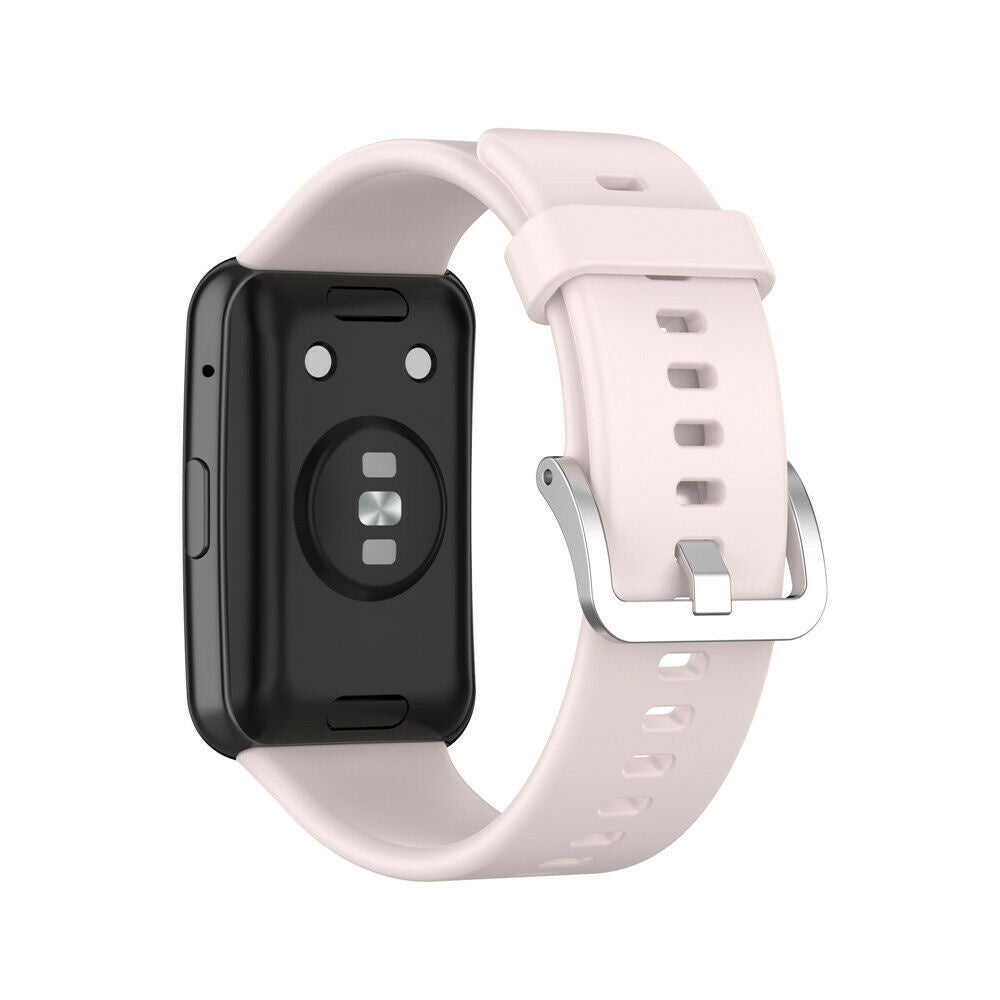 Eine schwarze Smartwatch mit hellrosa Armband. Die Uhr hat Sensoren auf der Rückseite und einen Schnallenverschluss.