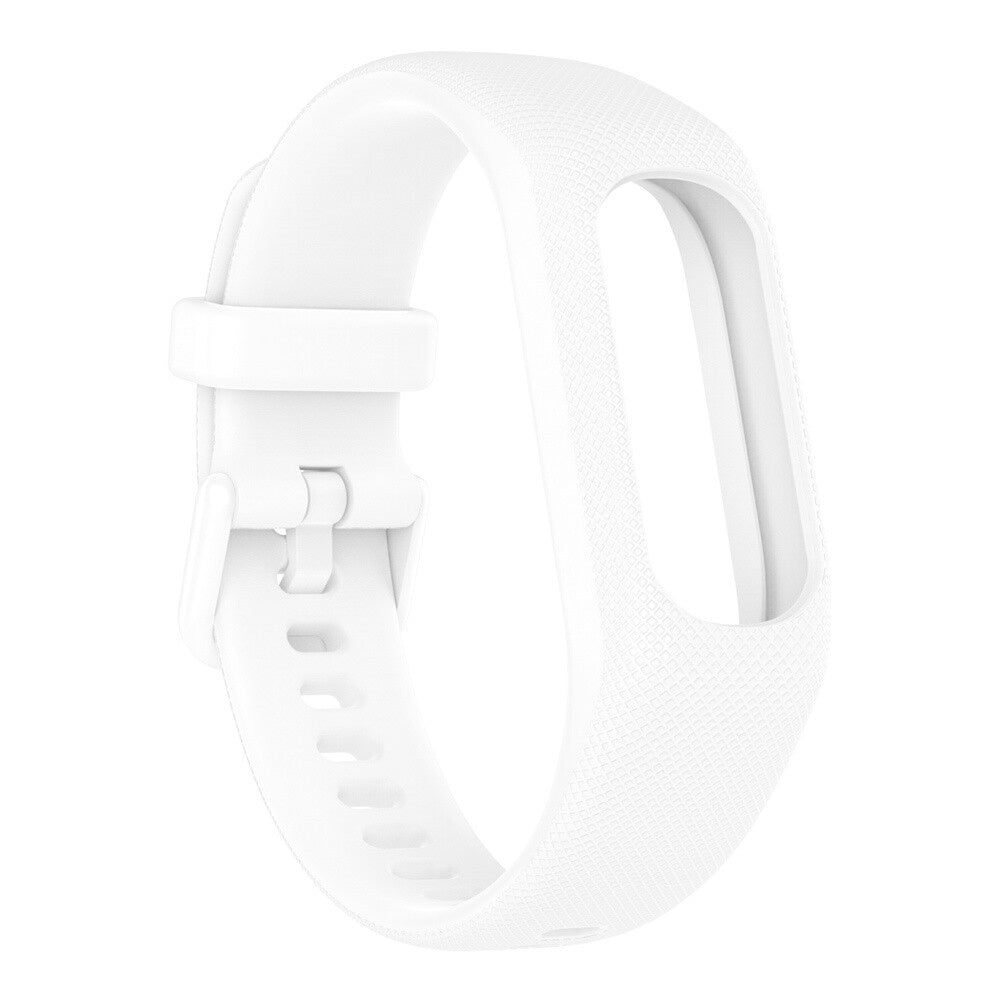 Ein weißes Uhrenarmband, das sich ovalförmig krümmt, mit einer Schnalle am Ende und Löchern zur Anpassung. Der Hintergrund ist weiß.