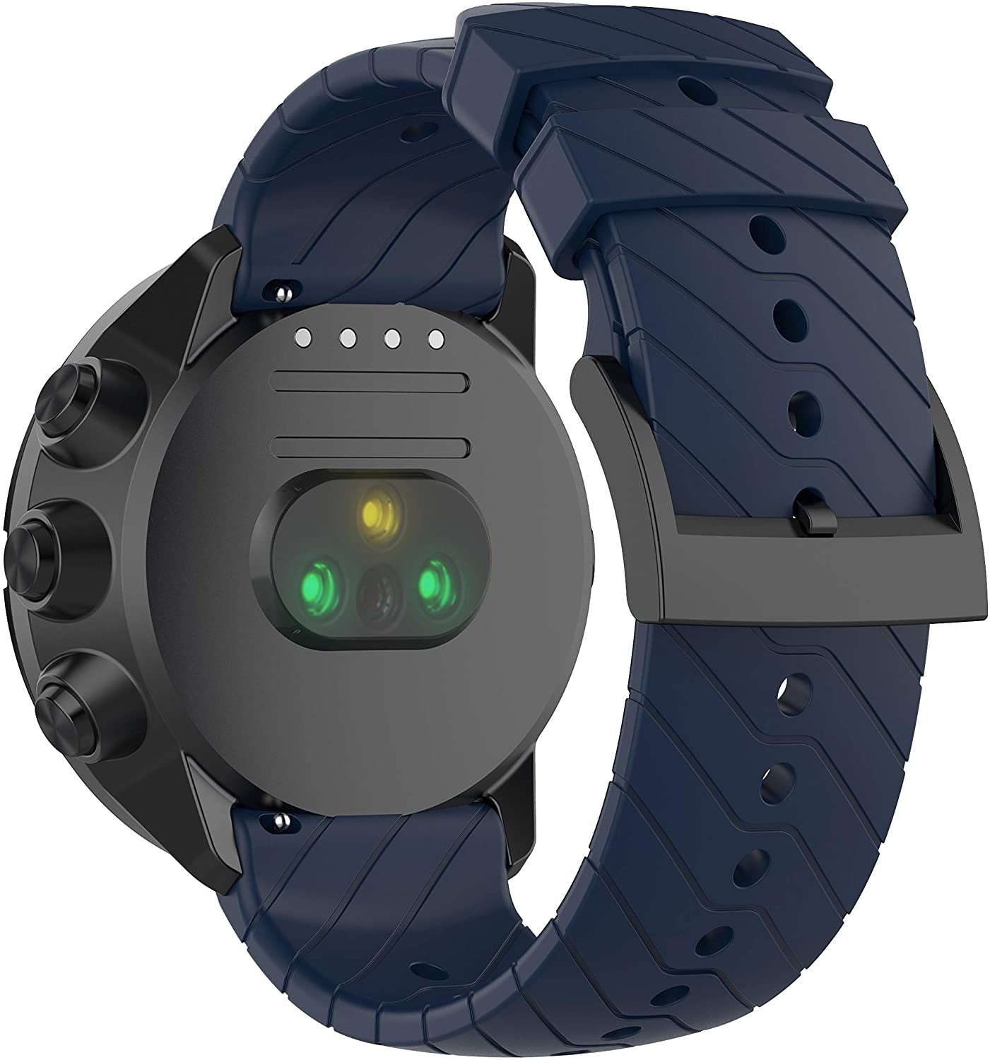 Eine schwarze Smartwatch mit blauem Armband. Die Uhr hat einen Herzfrequenzsensor auf der Rückseite. Das Armband ist geschnallt.