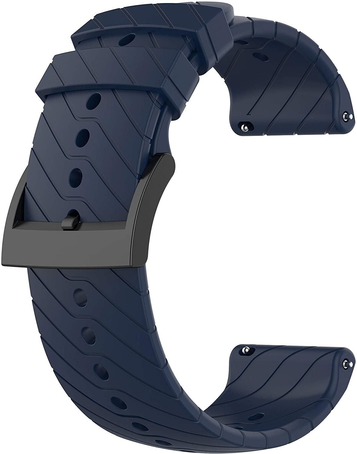 Ein dunkelblaues Uhrenarmband mit schwarzer Schnalle. Das Armband hat eine strukturierte Oberfläche mit Löchern zur Verstellung und ist gebogen.