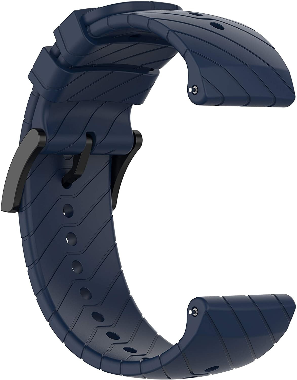Ein gebogenes marineblaues Uhrenarmband mit Rillen. Es hat eine schwarze Schließe und Löcher zur Anpassung. Der Hintergrund ist weiß.