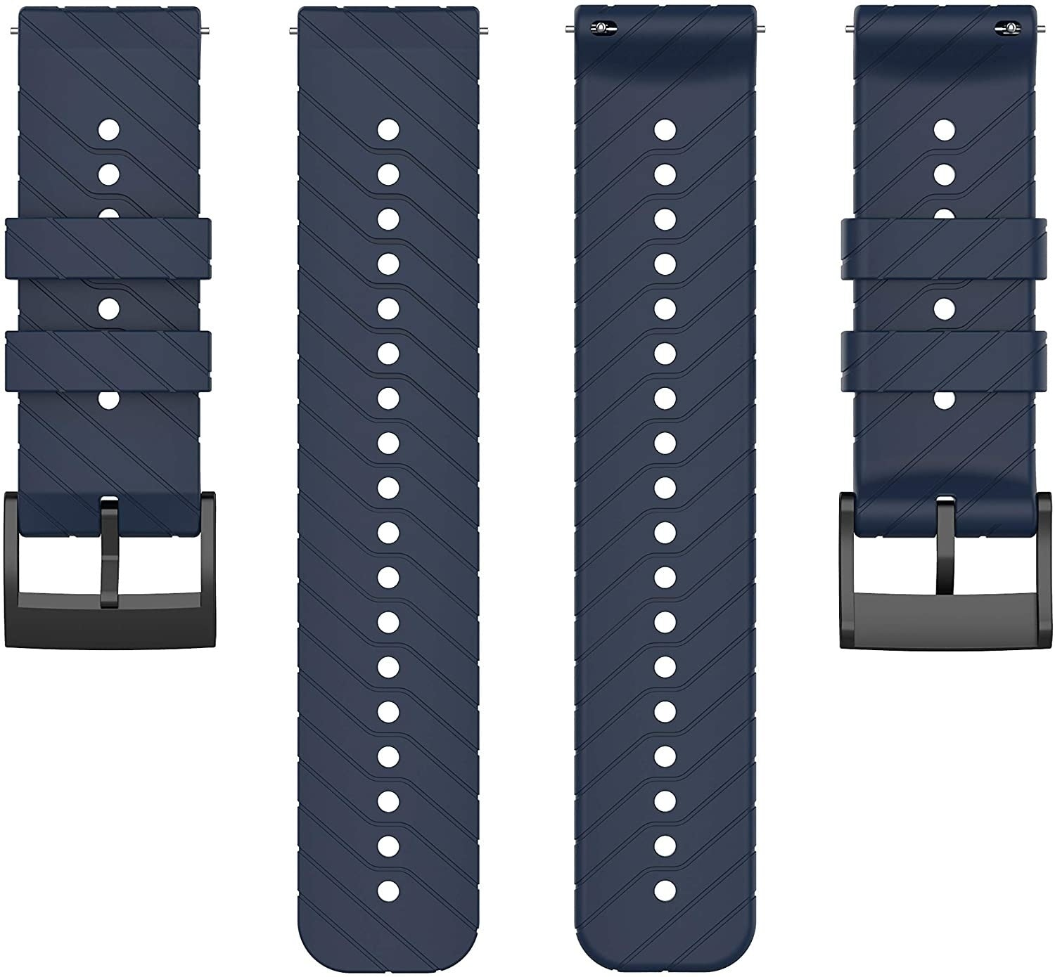 Vier dunkelblaue Uhrenarmbänder mit schwarzen Schnallen. Jeder Riemen hat Löcher zur Anpassung und eine strukturierte Oberfläche mit diagonalen Linien.