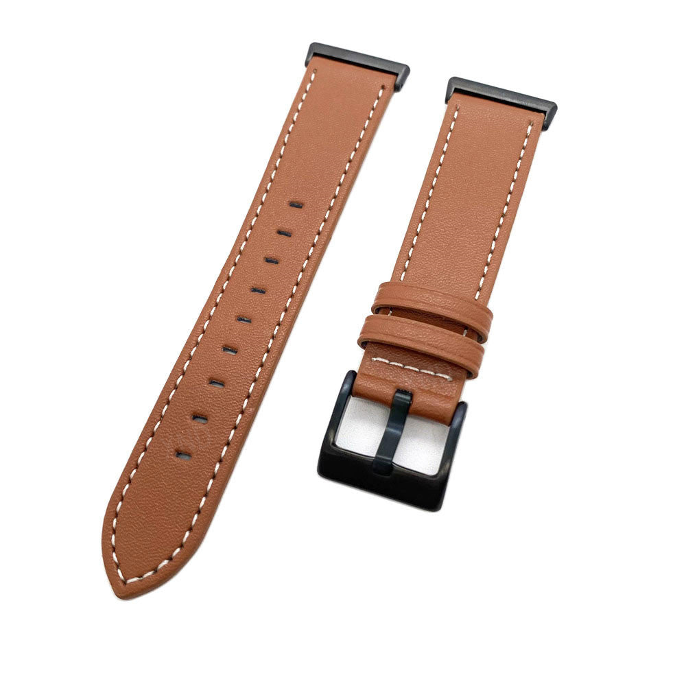 Zwei braune Leder-Uhrenarmbänder mit weißen Nähten und schwarzen Metallschnallen auf weißem Hintergrund.