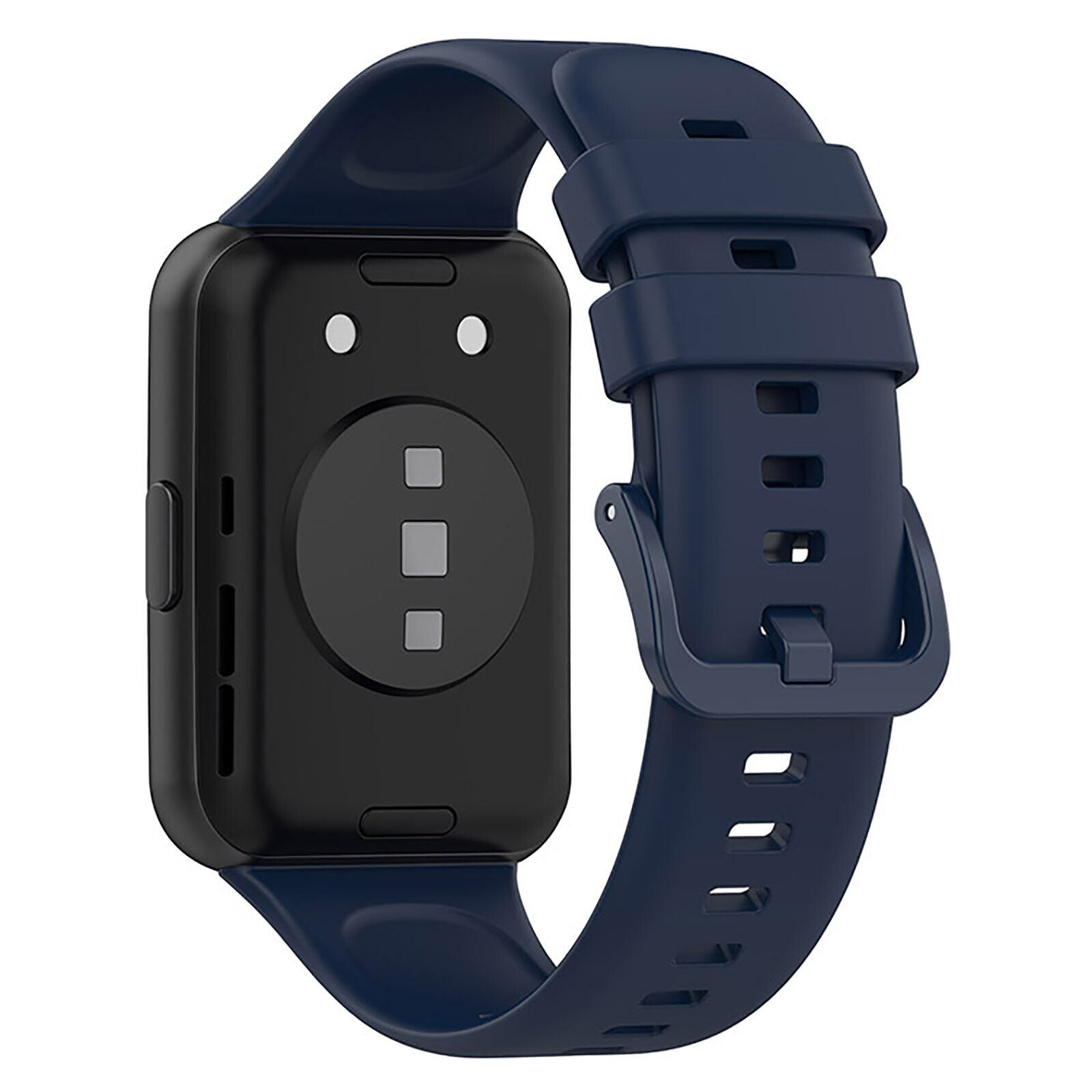 Schwarze Smartwatch mit blauem Armband. Die Rückseite der Uhr hat Sensoren. Das Armband ist geschnallt. Die Uhr hat eine Taste.