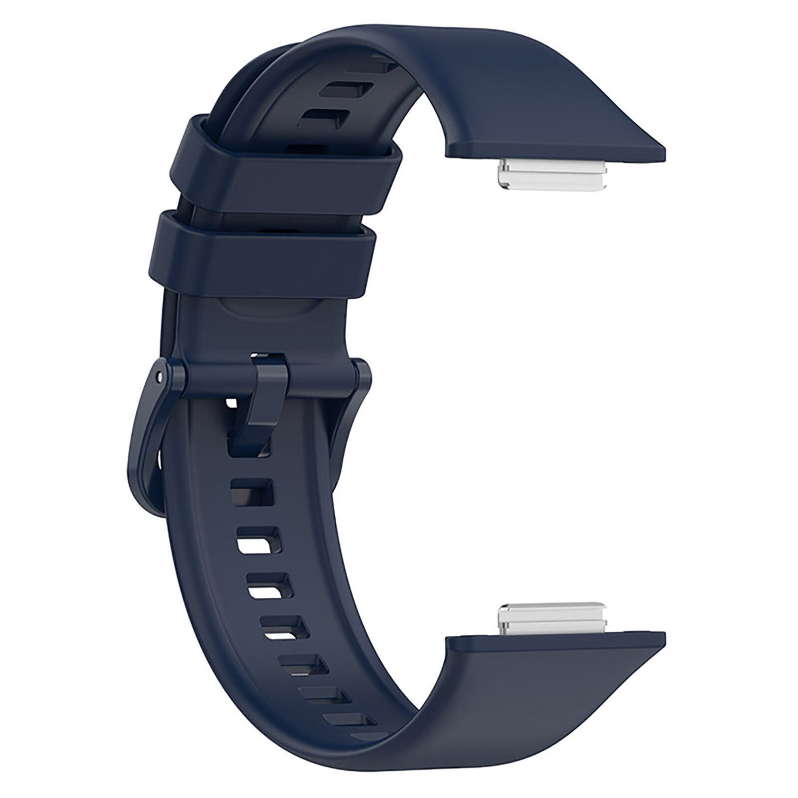 Ein marineblaues Armband, gebogen. Es hat eine Schnalle und Löcher zur Anpassung. Silberne Metallteile sind sichtbar.