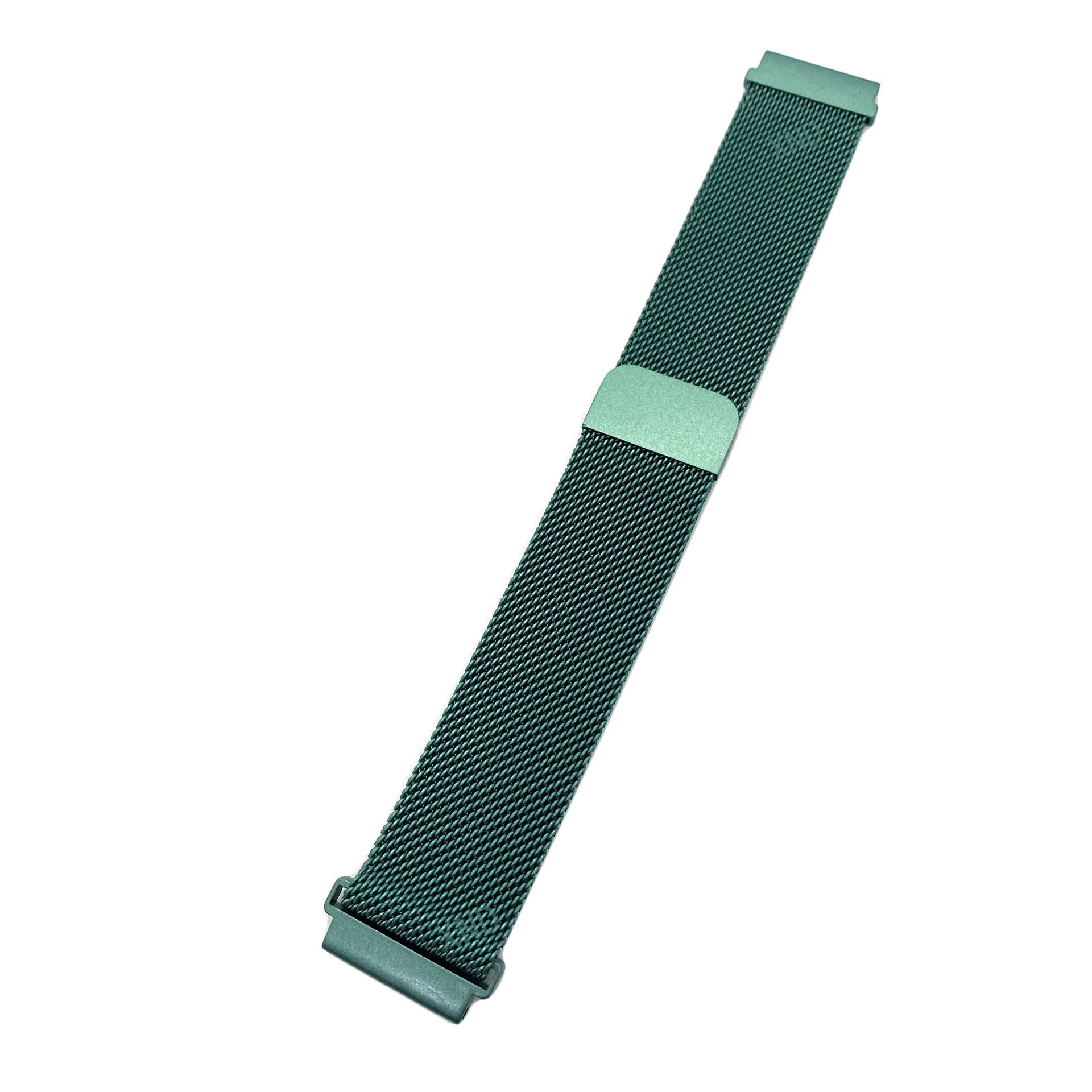 Ein grünes Metall-Uhrenarmband auf weißem Hintergrund. Das Armband ist abgewinkelt und zeigt das Maschendesign und die Verschlussdetails.