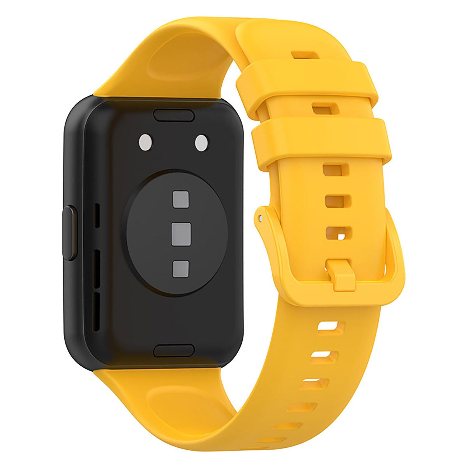 Eine schwarze Smartwatch mit gelbem Armband. Das Armband ist verschnallt. Auf der Rückseite befindet sich ein runder Sensor.