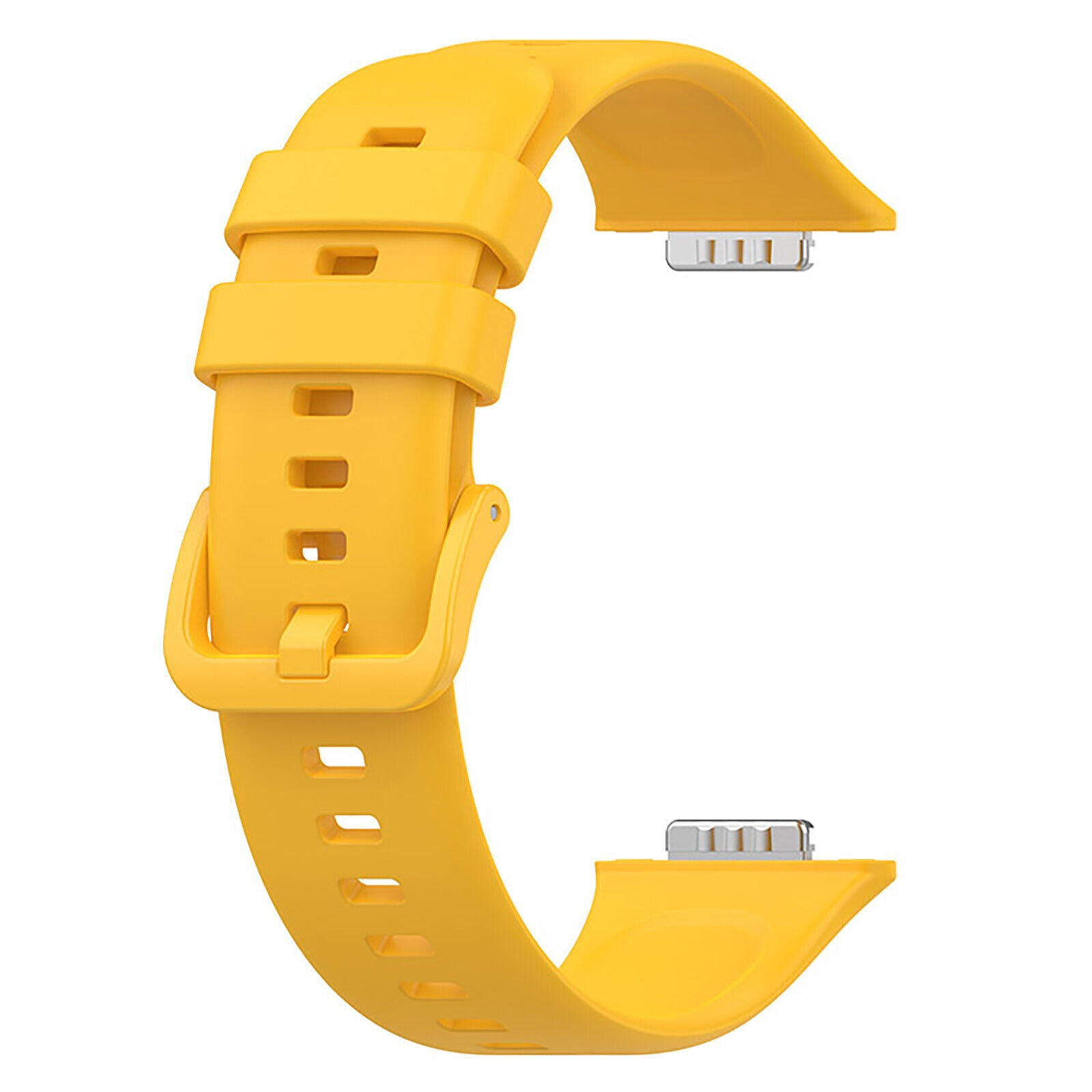 Ein gelbes Uhrenarmband mit Schnalle und Metallverbindern. Das Armband besteht aus flexiblem Material.