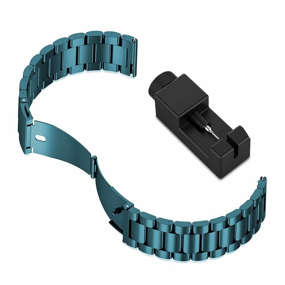 Ein türkisfarbenes Uhrenarmband mit einem schwarzen Uhrenstiftentferner auf weißem Hintergrund. Das Armband ist geöffnet.