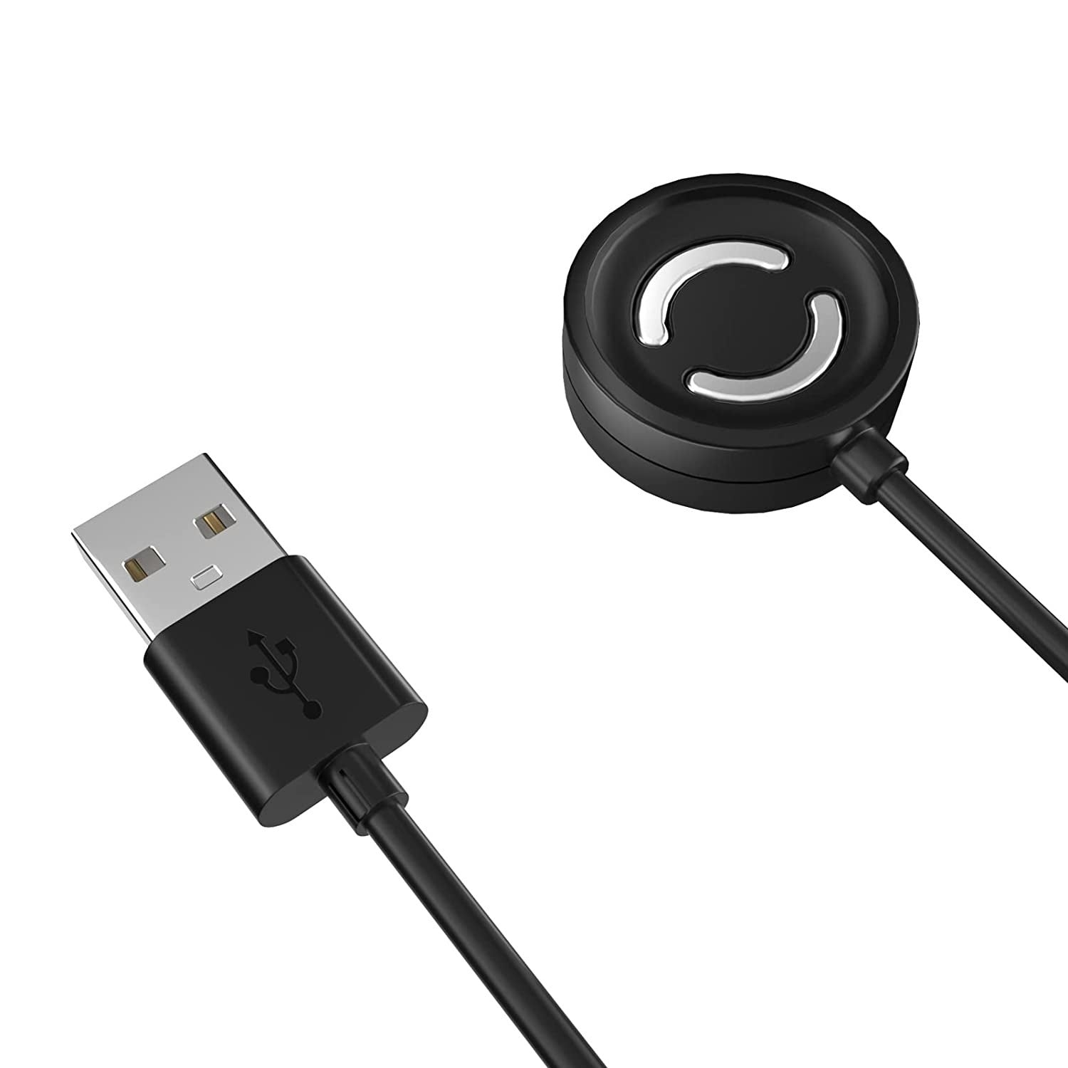 Schwarzes USB-Ladekabel mit runder Ladestation. Das Dock hat zwei silberne geschwungene Designs. Der USB-Anschluss ist silberfarben.