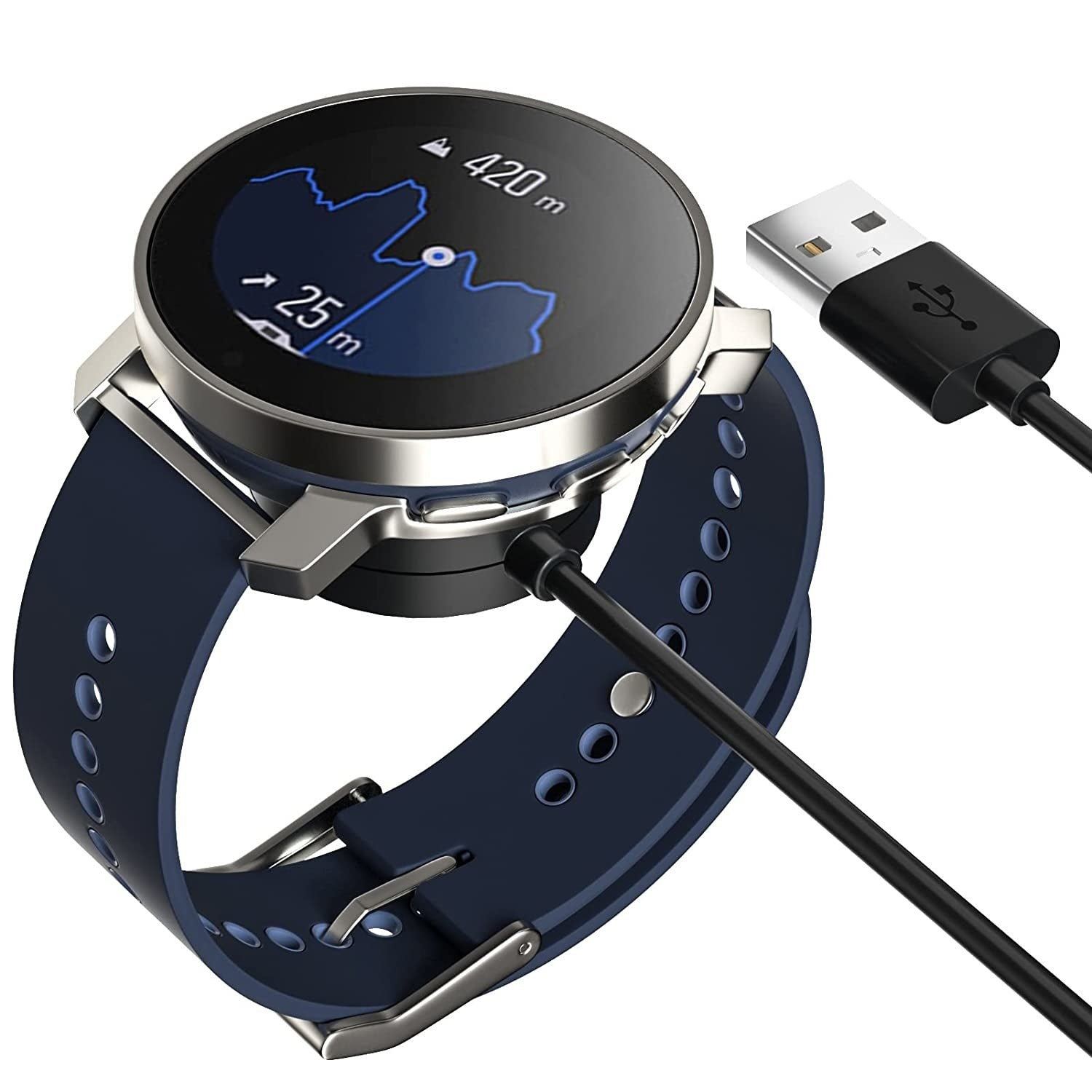 Eine Smartwatch mit blauem Armband wird mit einem USB-Kabel aufgeladen. Die Uhr zeigt ein Diagramm und Höhendaten an.