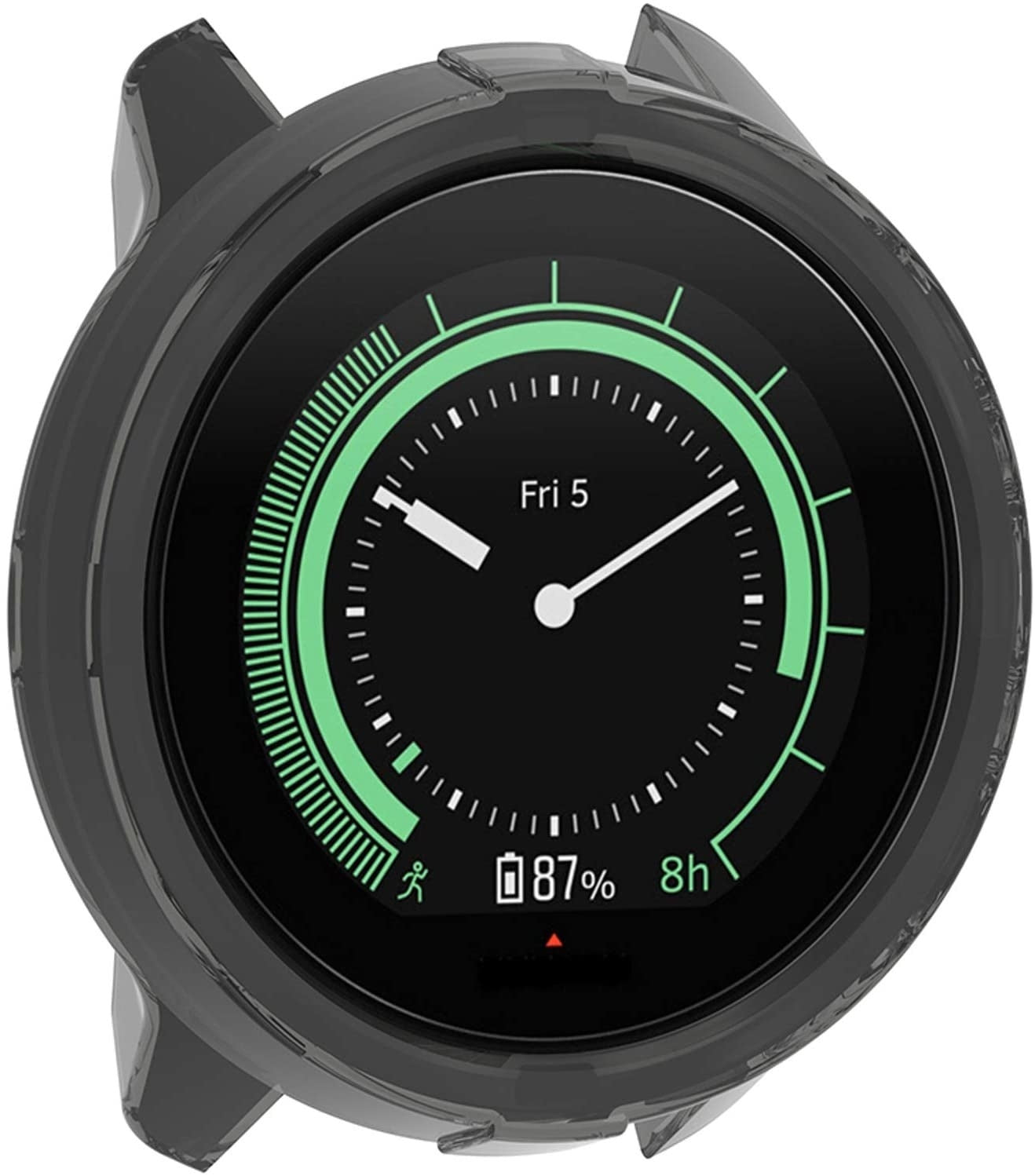 Eine schwarze Smartwatch zeigt die Uhrzeit an. Das Zifferblatt zeigt Datum, Akku und ein grünes kreisförmiges Design. Das Gehäuse ist dunkel.