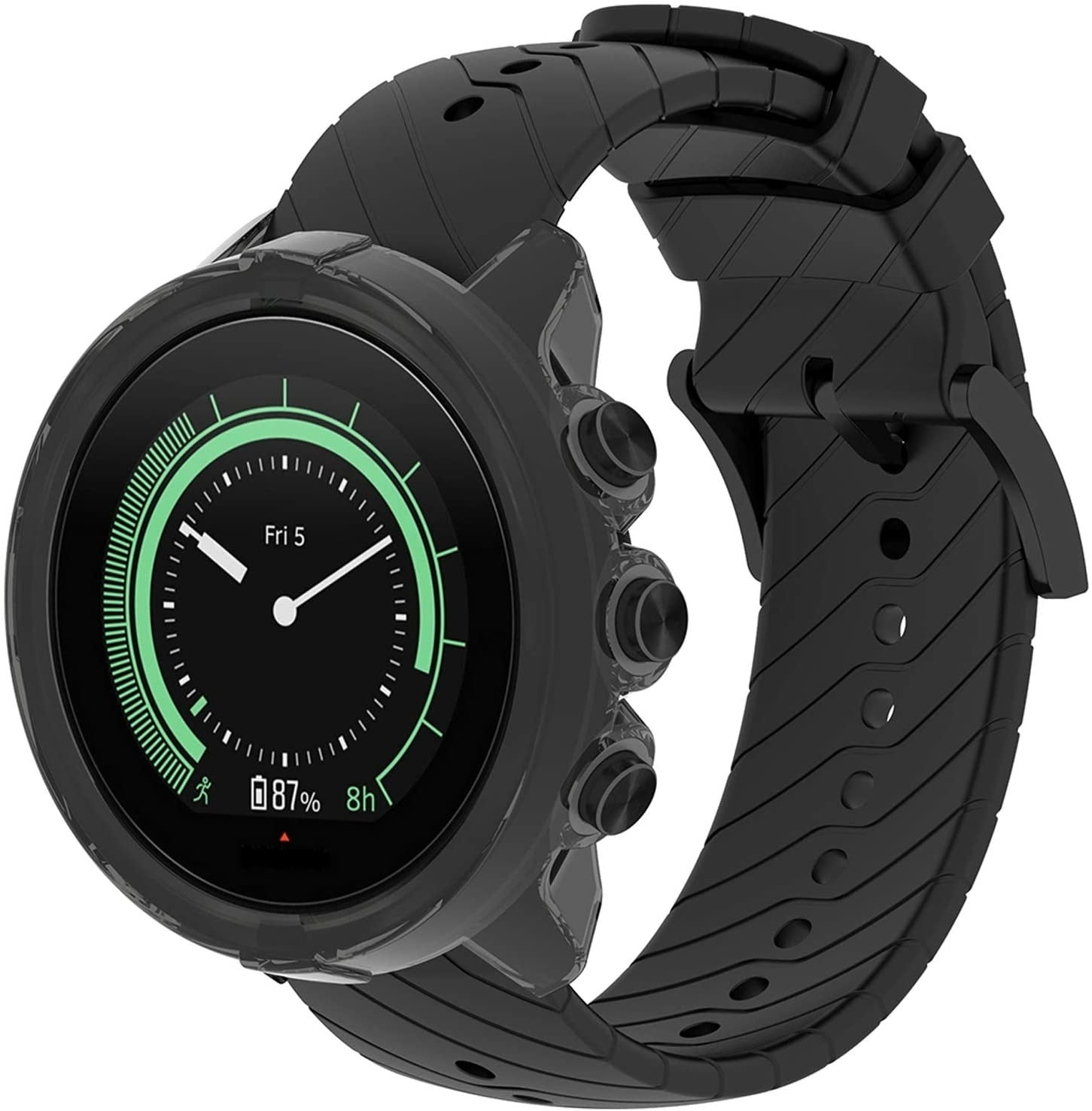 Schwarze Smartwatch mit digitalem Display, das Uhrzeit und Akkulaufzeit anzeigt. Die Uhr hat ein schwarzes Armband und Knöpfe.