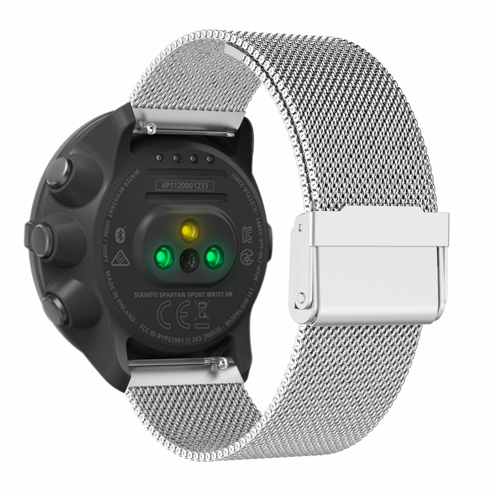 Eine Suunto Spartan Sport Uhr mit silbernem Mesh-Armband. Das Zifferblatt ist schwarz mit grünen und gelben Sensoren.