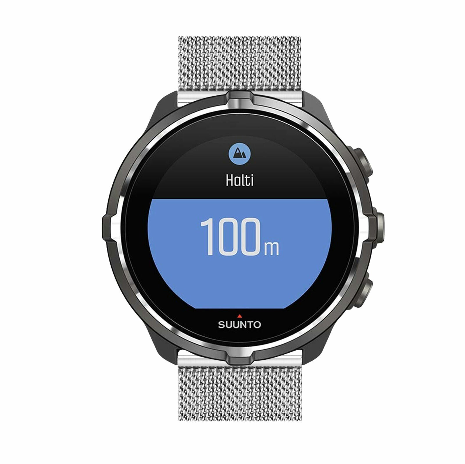 Eine Suunto-Smartwatch zeigt auf ihrem Bildschirm "Halti" und "100m" an. Die Uhr hat ein Metallarmband und eine schwarze Lünette. Der Hintergrund ist weiß.