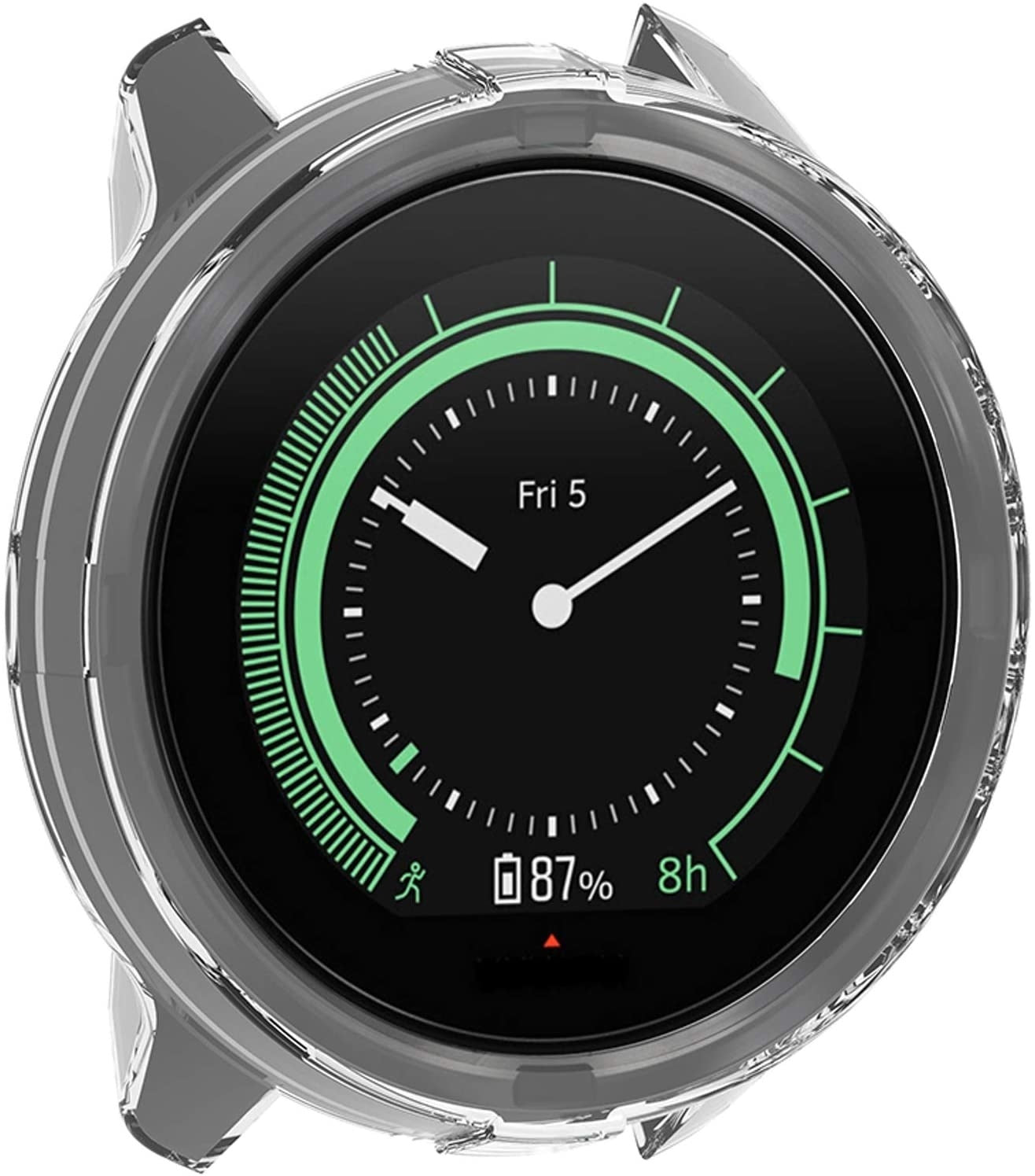 Smartwatch mit schwarz-grünem Display, das Zeit, Akku 87% und Tag anzeigt. Sie hat eine transparente Schutzhülle.
