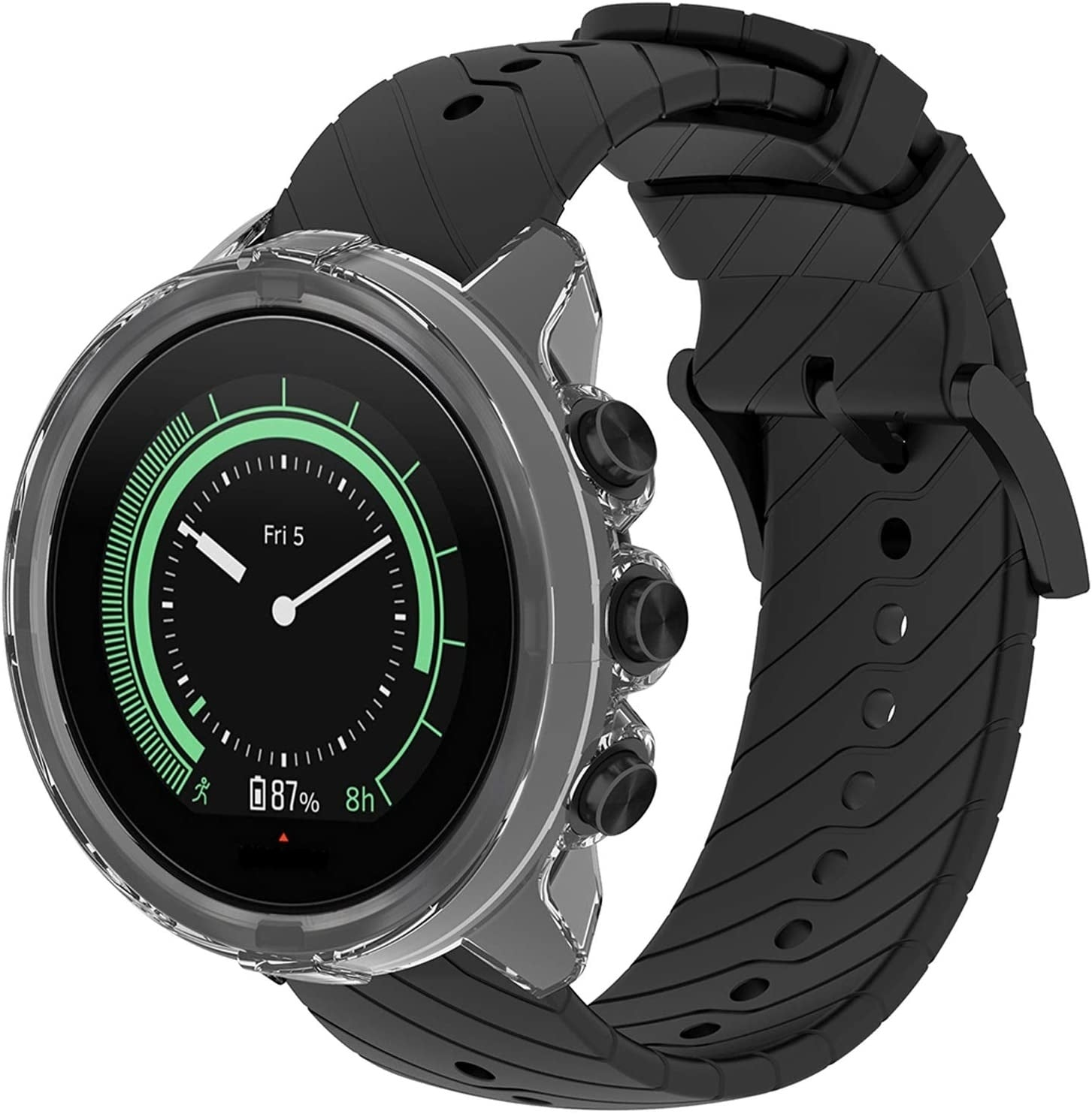 Eine schwarze Smartwatch mit transparentem Rahmen, schwarzem Armband und Digitalanzeige mit Uhrzeit und Akkulaufzeit. Die Anzeige zeigt 'Fr 5'.