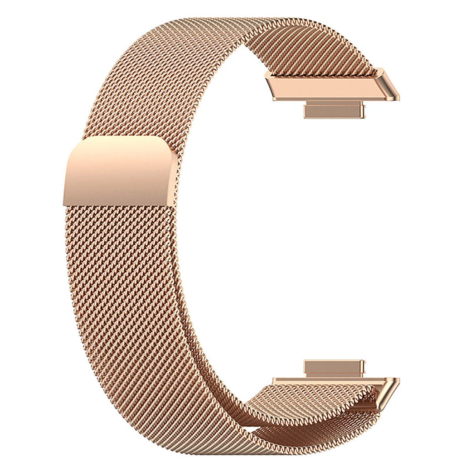 Ein roségoldenes Uhrenarmband. Es ist ein gewebtes Netz mit zwei Verschlüssen an jedem Ende.