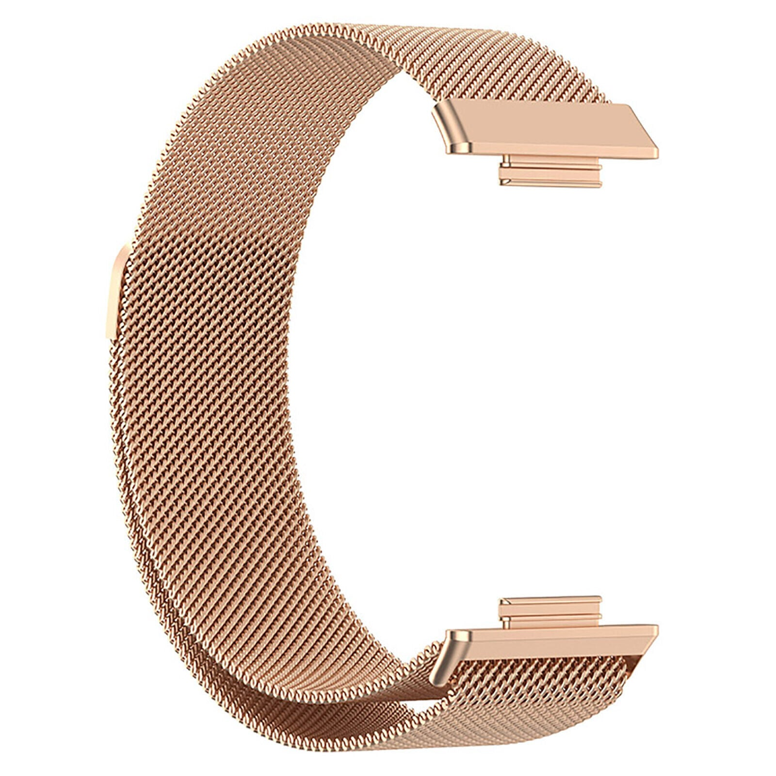 Ein roségoldenes Metallmaschen-Uhrenarmband in C-Form mit Verschlussanschlüssen an beiden Enden auf weißem Hintergrund.