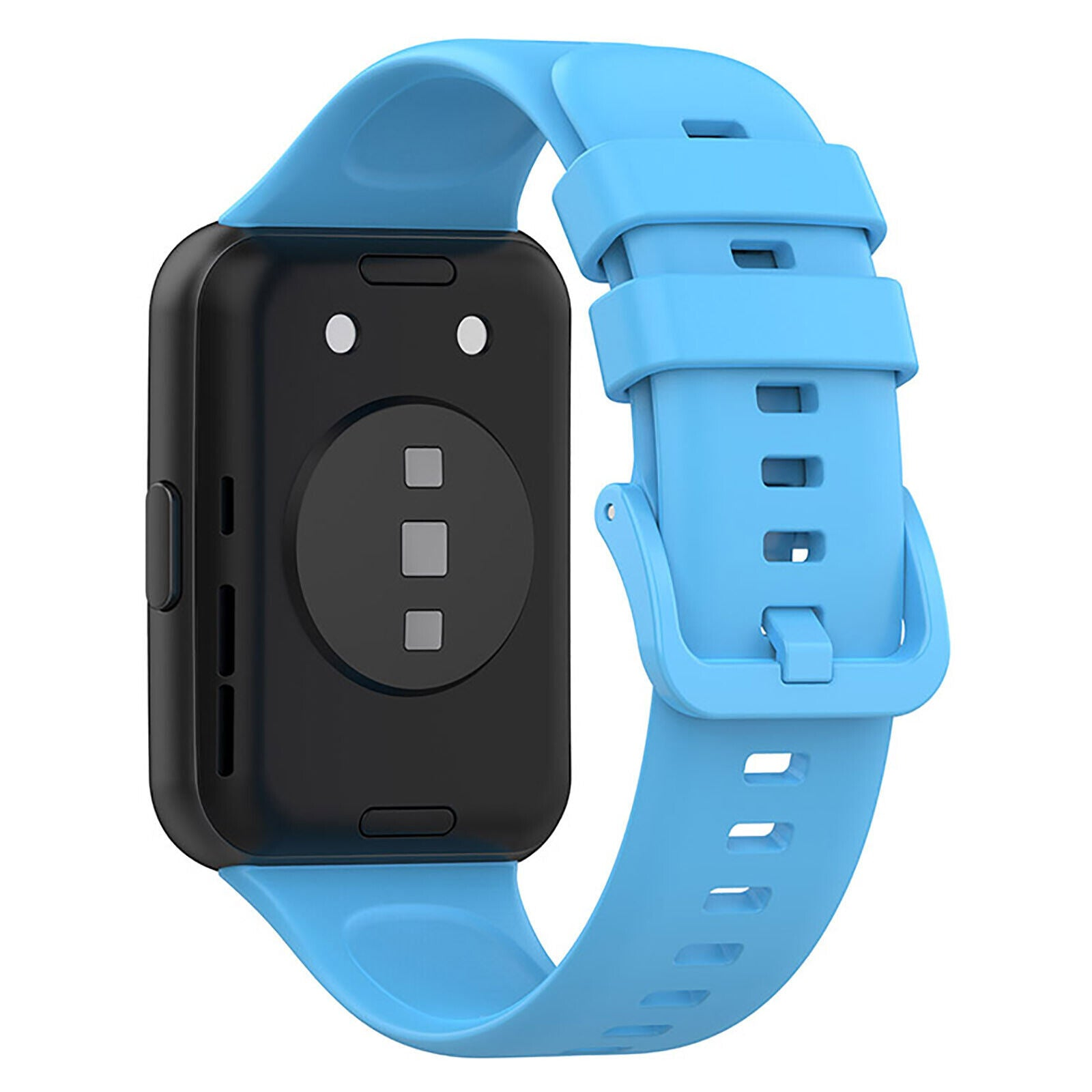 Eine schwarze Smartwatch mit blauem Armband. Die Uhr hat ein rechteckiges Zifferblatt. Das Armband ist befestigt und verschnallt.