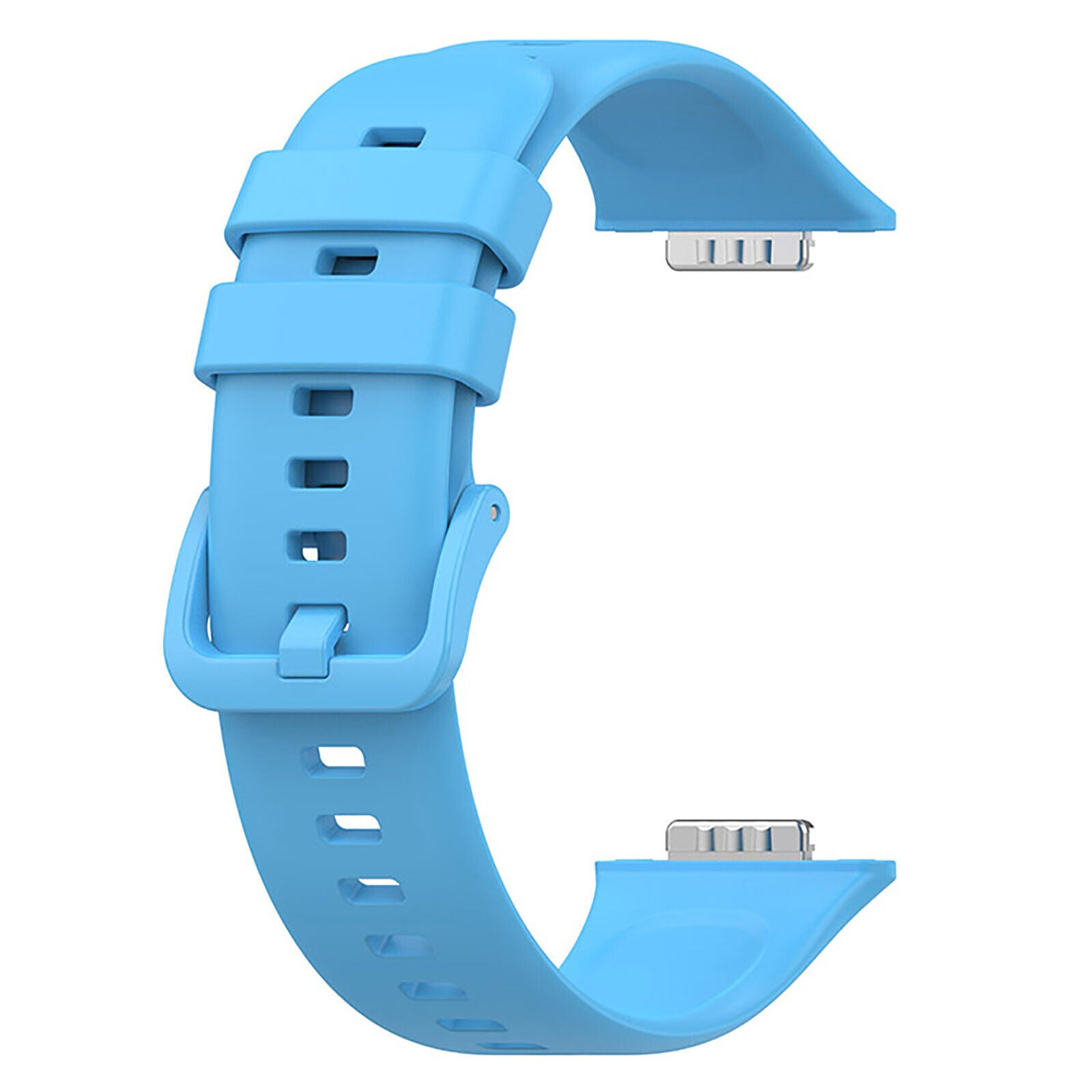 Ein hellblaues Uhrenarmband wird angezeigt. Der Riemen ist gebogen und hat eine Schnalle und Metallverbinder an jedem Ende. Der Hintergrund ist weiß.
