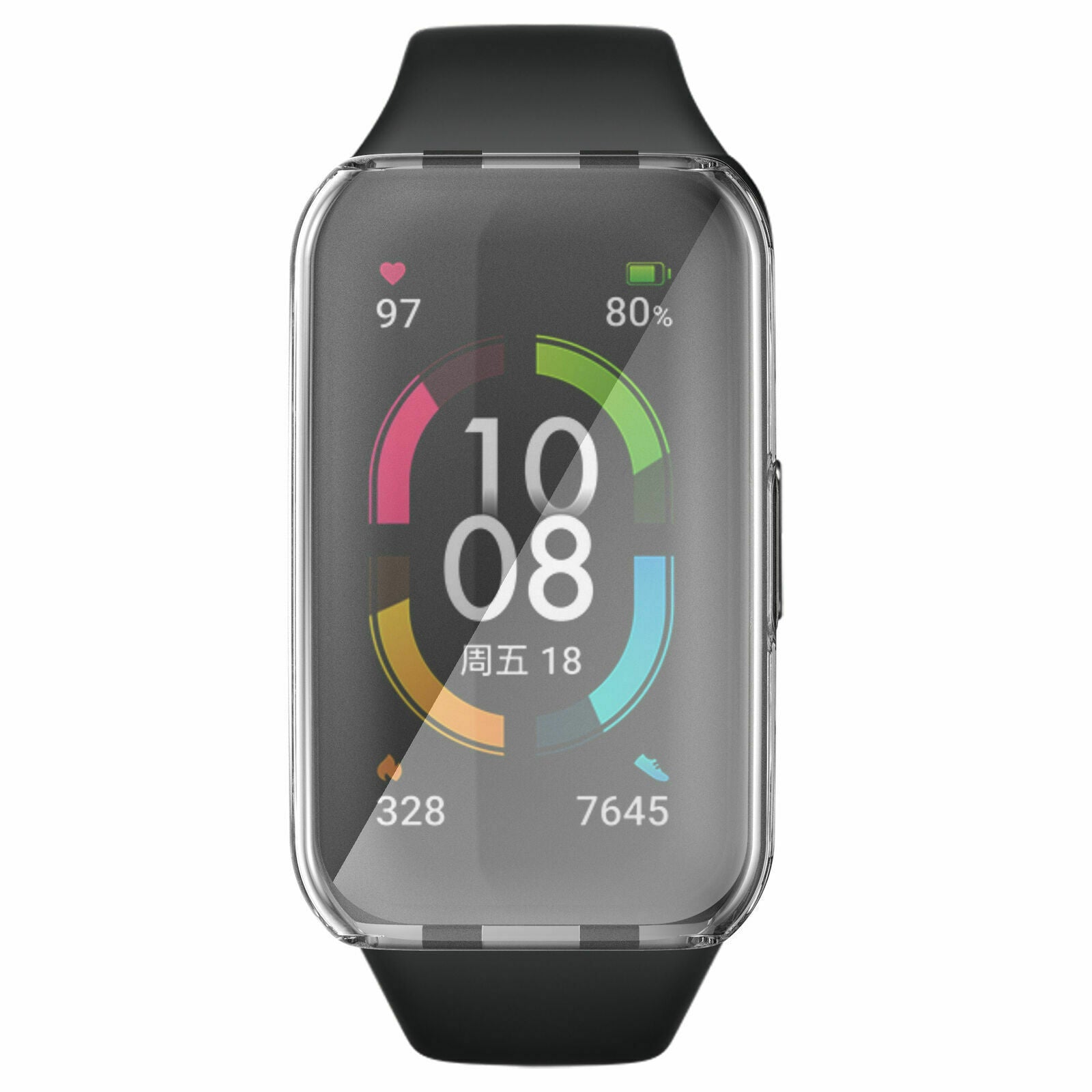 Smartwatch mit schwarzem Armband. Der Bildschirm zeigt Uhrzeit, Herzfrequenz, Akkuladung und Schritte mit bunten Ringen.
