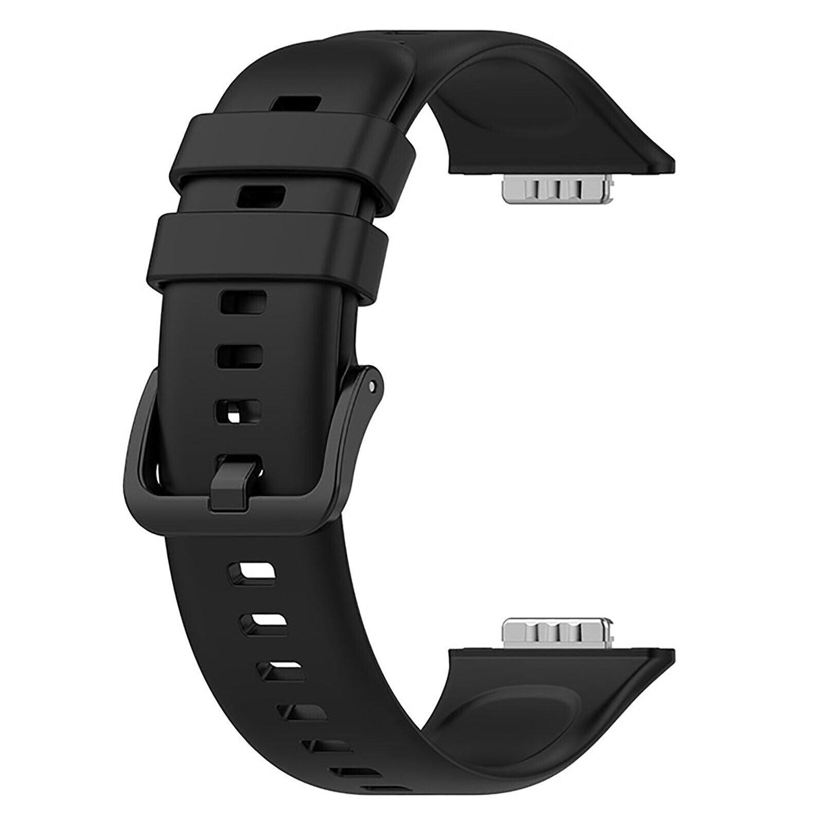 Schwarzes Uhrenarmband mit Schnalle und silbernen Metallverbindern. Gebogenes Design mit mehreren Einstelllöchern.