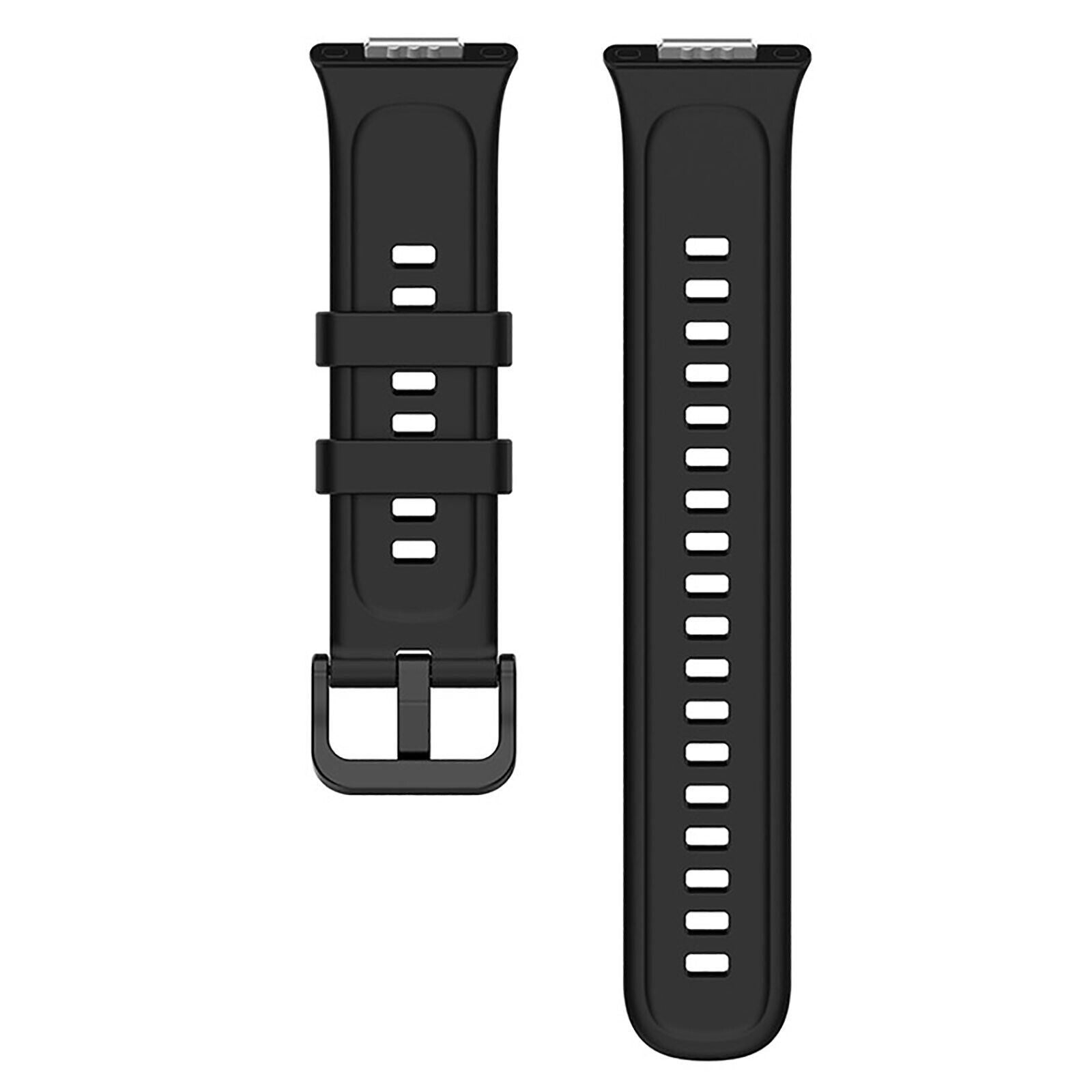 Zwei schwarze Uhrenarmbänder. Eines hat eine Schnalle und Löcher. Das andere ist länger mit vielen Löchern.