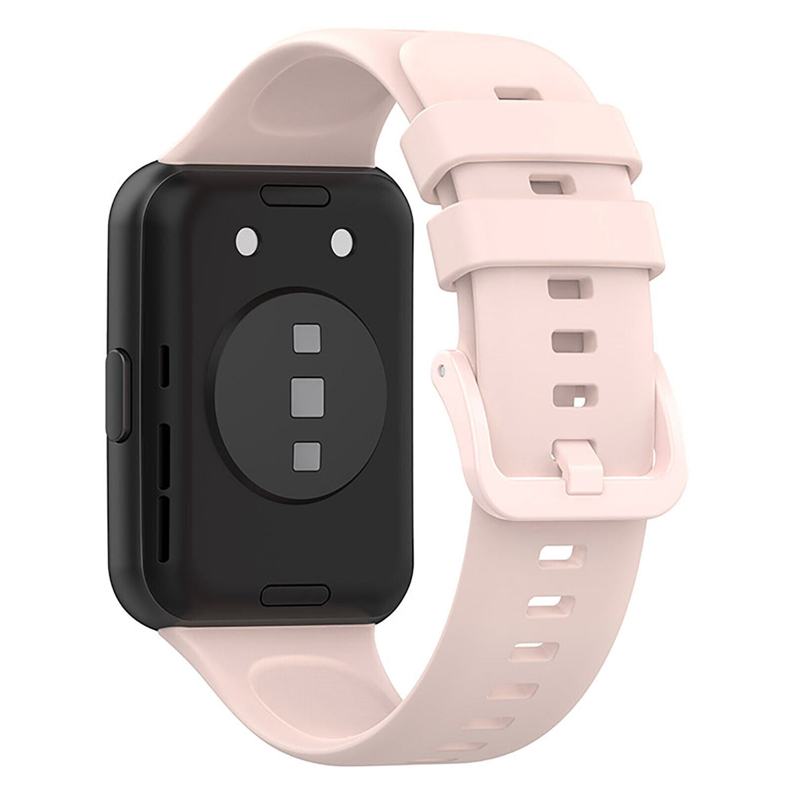 Eine Smartwatch mit schwarzem Gehäuse und rosa Armband. Die Uhr ist abgewinkelt, zeigt ihre Rückseite und ihr Armband.