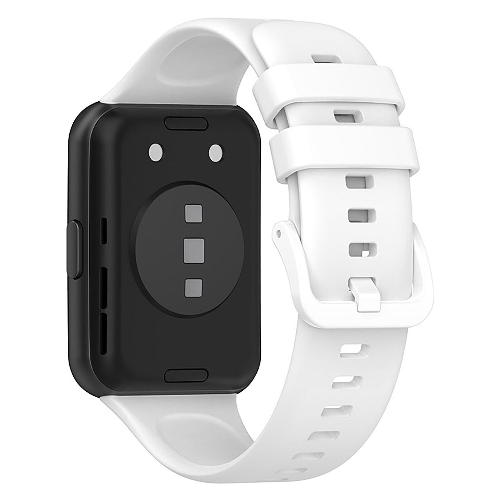 Schwarze Smartwatch mit weißem Armband. Die Rückseite hat einen schwarzen Sensorbereich. Weißes Armband hat Schnalle und Löcher.