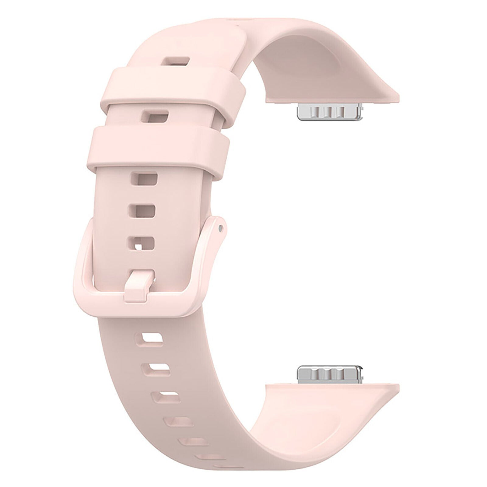 Ein hellrosa Uhrenarmband mit Schnalle und Metallverbindern wird vor weißem Hintergrund gezeigt.