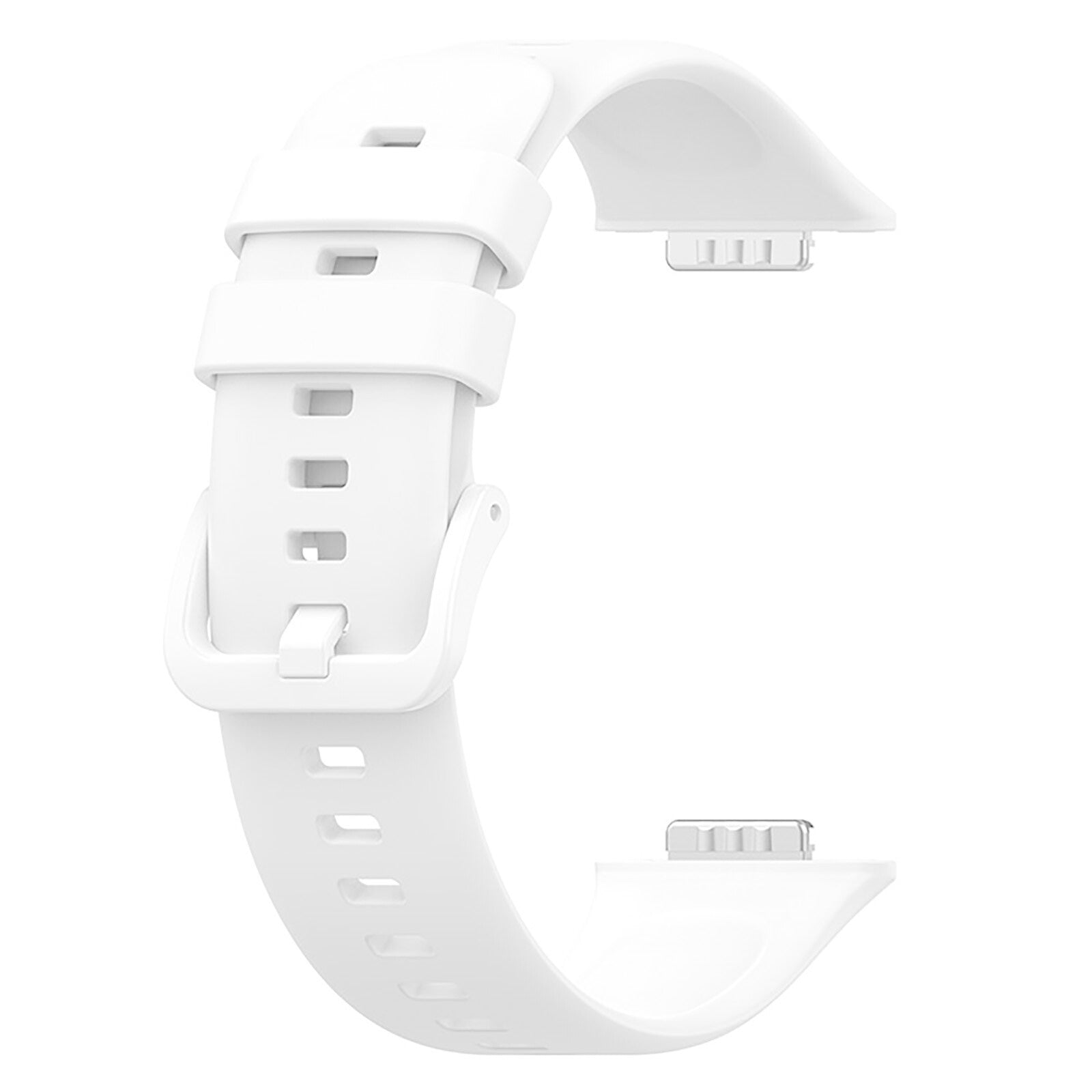 Ein weißes Uhrenarmband vor weißem Hintergrund. Das Armband hat eine Schnalle und mehrere Löcher zur Anpassung.