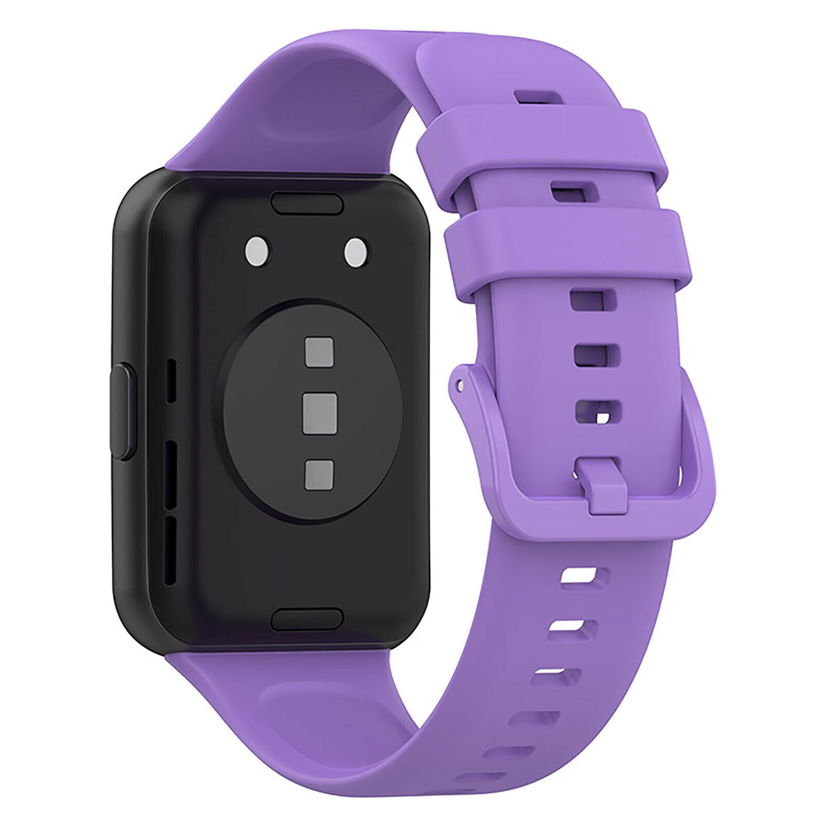Eine schwarze Smartwatch mit lila Armband. Das Zifferblatt hat zwei weiße Kreise und drei kleine graue Quadrate. Der Riemen ist geschnallt.