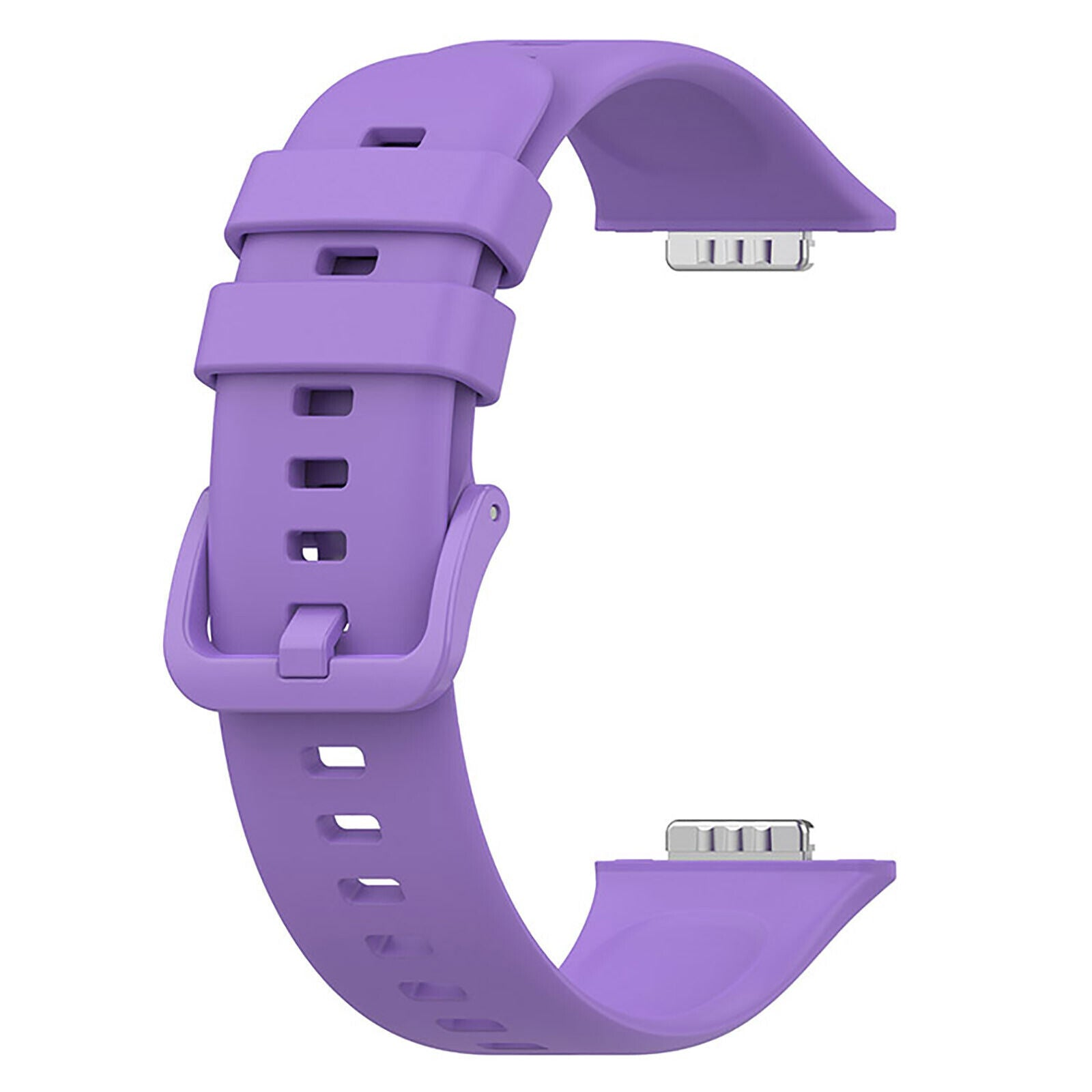 Ein lila Smartwatch-Armband. Das Armband ist gebogen und hat eine Schnalle. Die Enden haben silberne Metallverbinder.