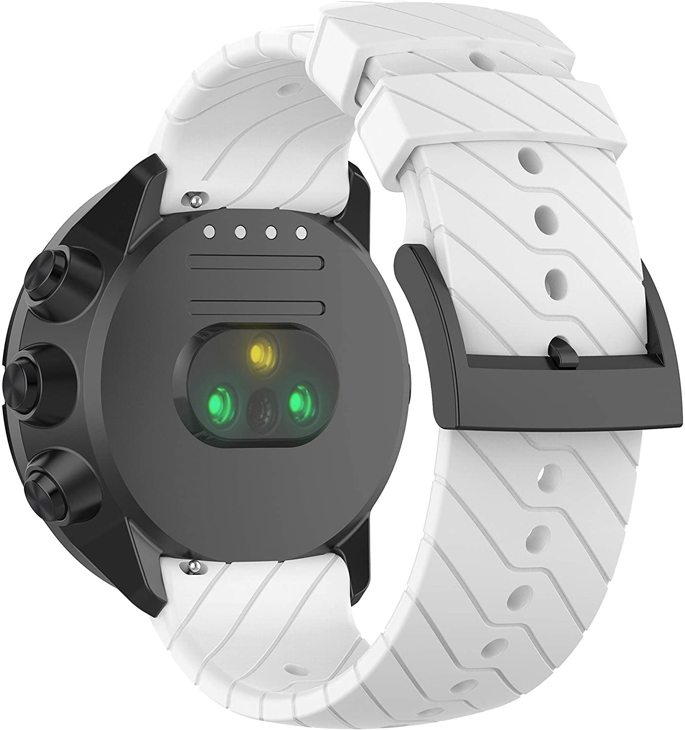 Smartwatch mit weißem Armband. Die Uhr ist schwarz. Das Armband hat diagonale Linien. Die Rückseite der Uhr hat einen Herzfrequenzsensor.