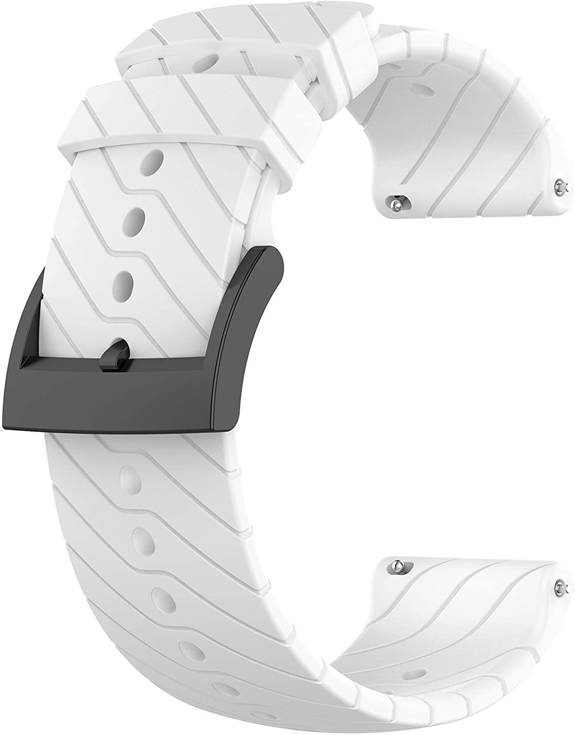 Weißes Uhrenarmband mit schwarzer Schnalle. Das Armband hat ein strukturiertes Muster mit Löchern. Die Schnalle ist dunkel und gebogen.