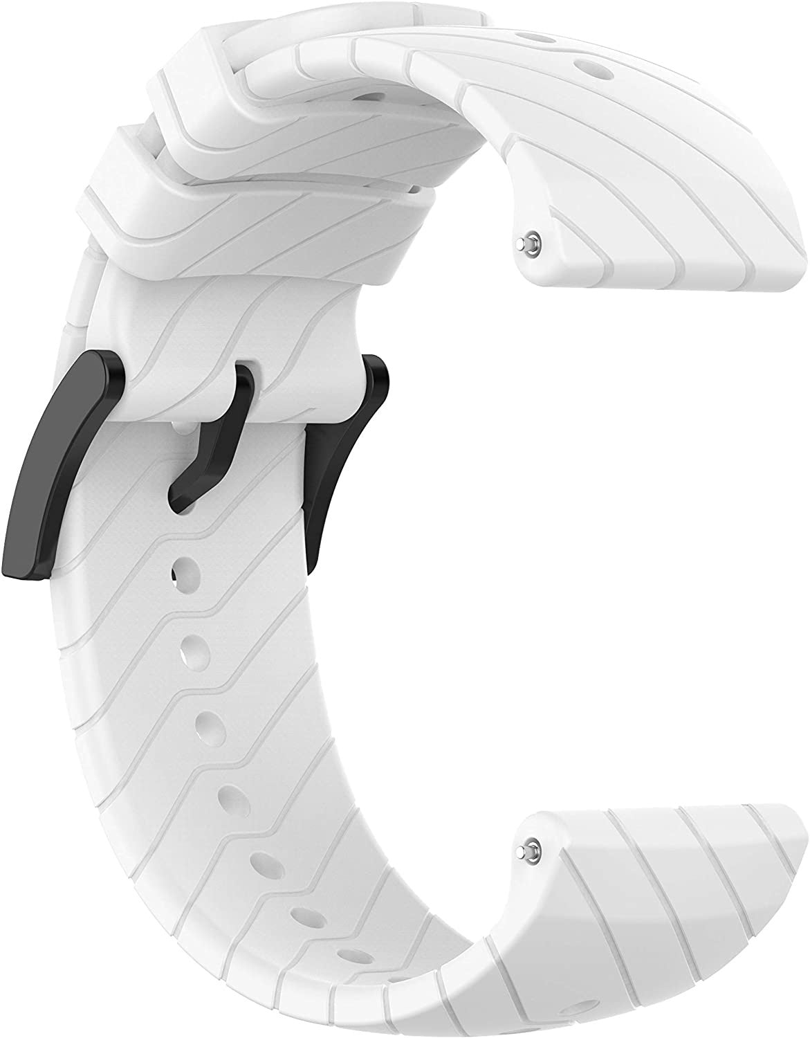 Weißes Uhrenarmband mit schwarzen Verschlüssen. Das Armband hat ein geripptes Design. Der Hintergrund ist schlicht weiß.