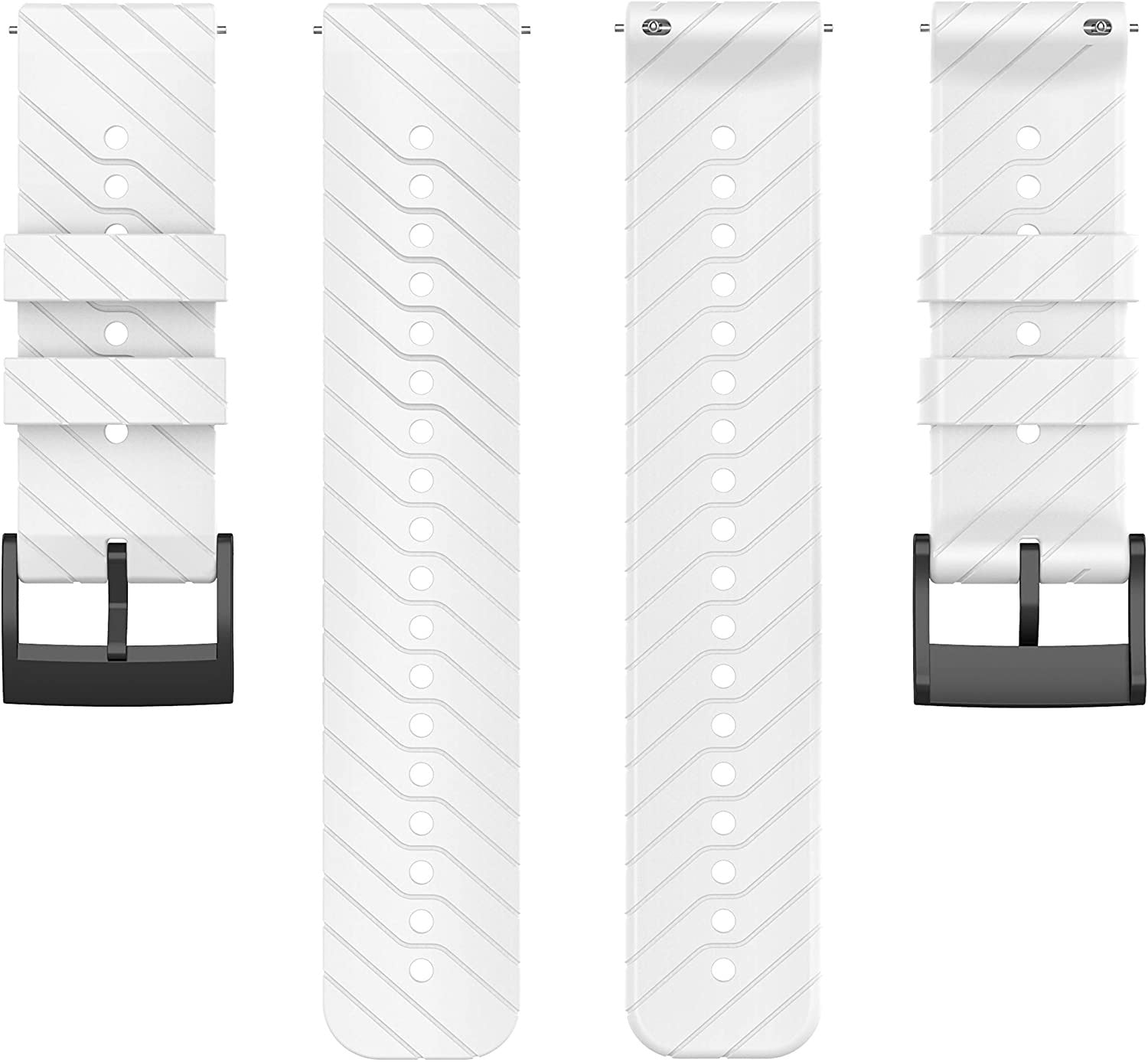 Weiße Uhrenarmbänder mit diagonalen Linien und schwarzen Schnallen. Die Armbänder haben Löcher zur Einstellung. Drei Armbänder sind sichtbar.
